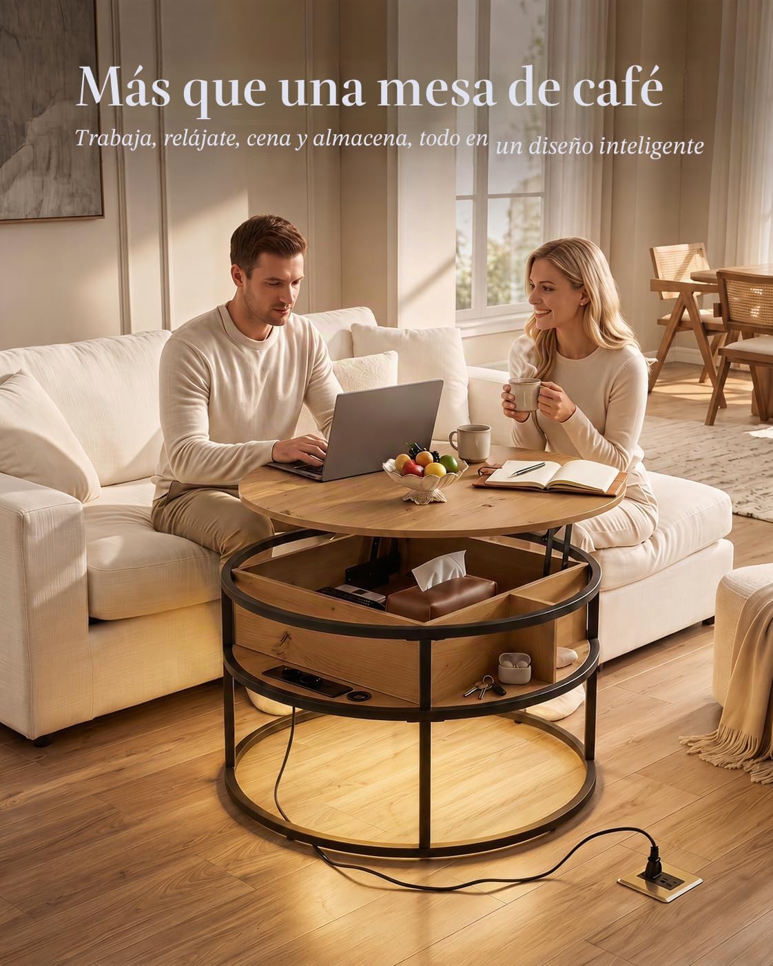Mesa de Centro Elevable, Mesa de Centro Madera 80 x 80 x 48 cm, Mesa Elevable con Puertos USB y Tipo C, Luz LED y Compartimento Oculto, Mesa Auxiliar Sofa con Almacenamiento, Mesa Redonda