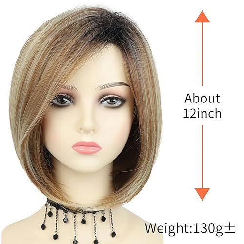 Miniatura 9 de RENERSHOW Pelucas cortas rubias estilo Bob para mujeres blancas, rubio degradado, con reflejos, peluca Pixie Bob con flequillo, longitud de barbilla