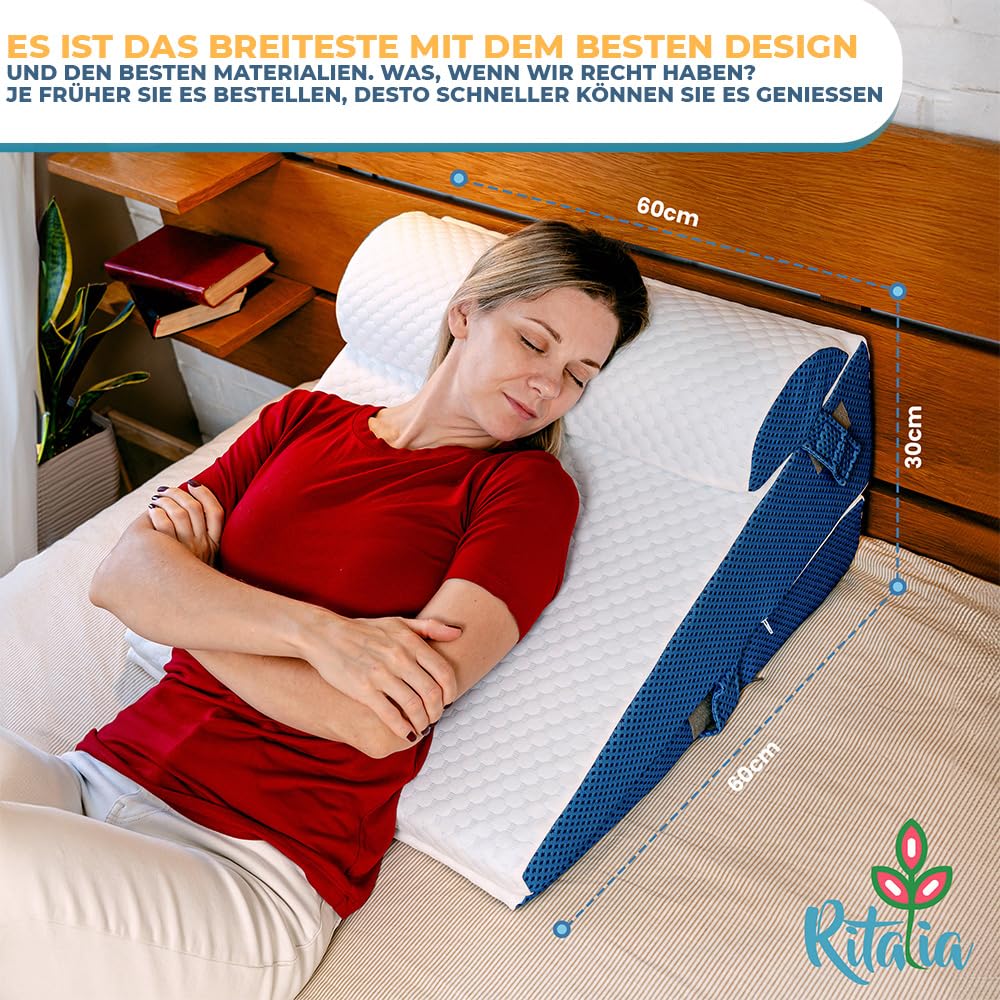 Ritalia® Keilkissen 3 Höhen 60x60x30 cm | Rückenkissen Bett und Venenkissen | Ergonomisches Sitzkissen Bett mit Rückenstütze, Ideal als Wedge Pillow für Schlafen und Erhöhung der Matratze