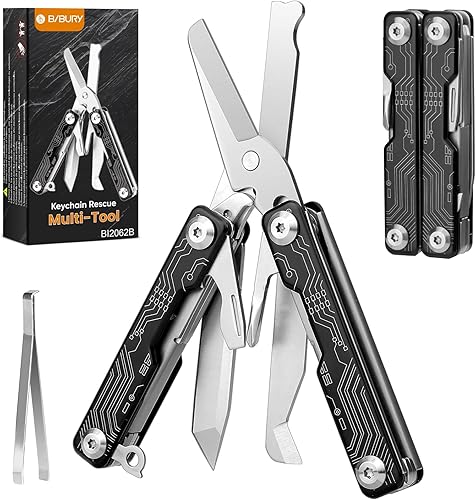 Miniatura 9 de BIBURY Mini llavero multiherramienta Tijeras B12062B, 9 en 1 multiherramienta EDC con destornillador, abrebotellas, cuchillo de bolsillo, resorte,