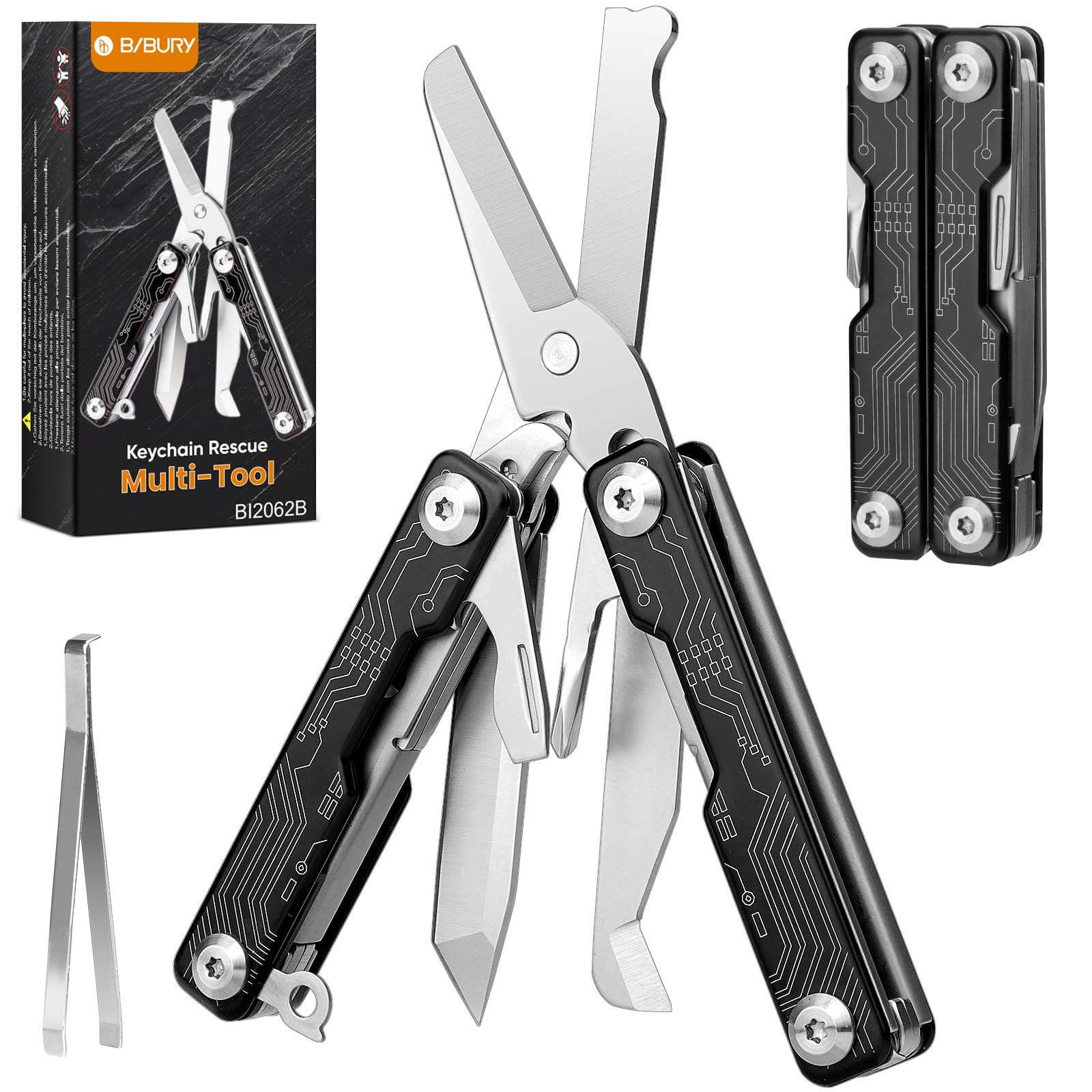 BIBURY Multitool, Mini Sailor Scissors, Multi składana szczypce EDC z 9 narzędziami, nóż kieszonkowy, otwieracz do puszek, śrubokręt, niewidoczne szczypce, akcesoria na kemping, outdoor survival