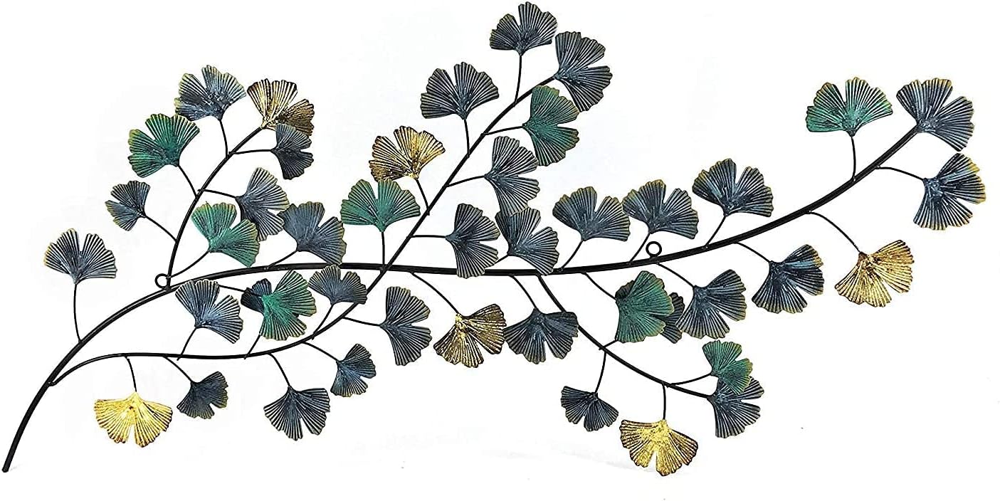 Bellaa 3D Metal Wall Decor Living Room Ginkgo Leaf Japanes Style Flower Golden Blue Teal Abstract Scroll Celtic Wrought Iron Plaque Hanging Boho Home Outdoor Garden Floral Accents Turquoise