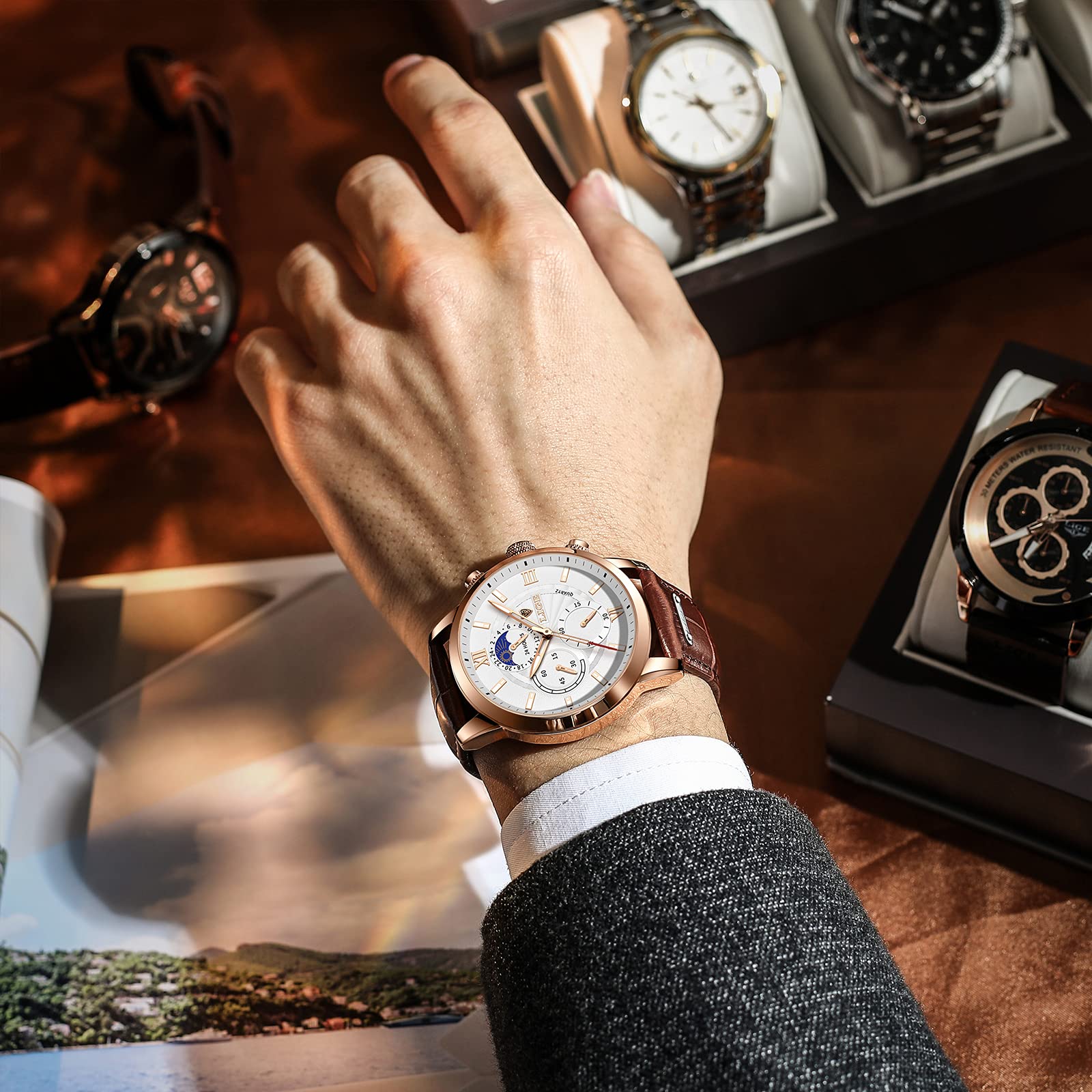 LIGE Relojes Hombre, Reloj de Pulsera de Cuero con Correa de Cuero para Vestido de Negocios de Cuarzo Analógico a Prueba de Agua a la Moda para Hombres
