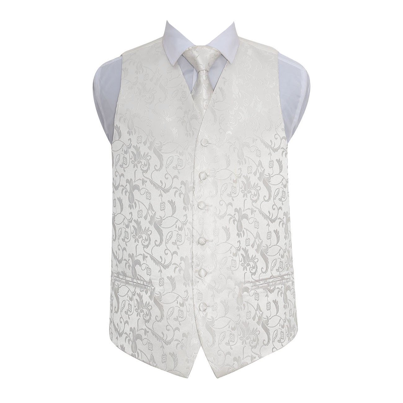 Dqt Men's Ivory Floral Passion Jacquard Waistcoat, Tie, Pocket Square & Cufflinks Set (4Pc) - Wedding, Business & Formal - 44" (2Xl)