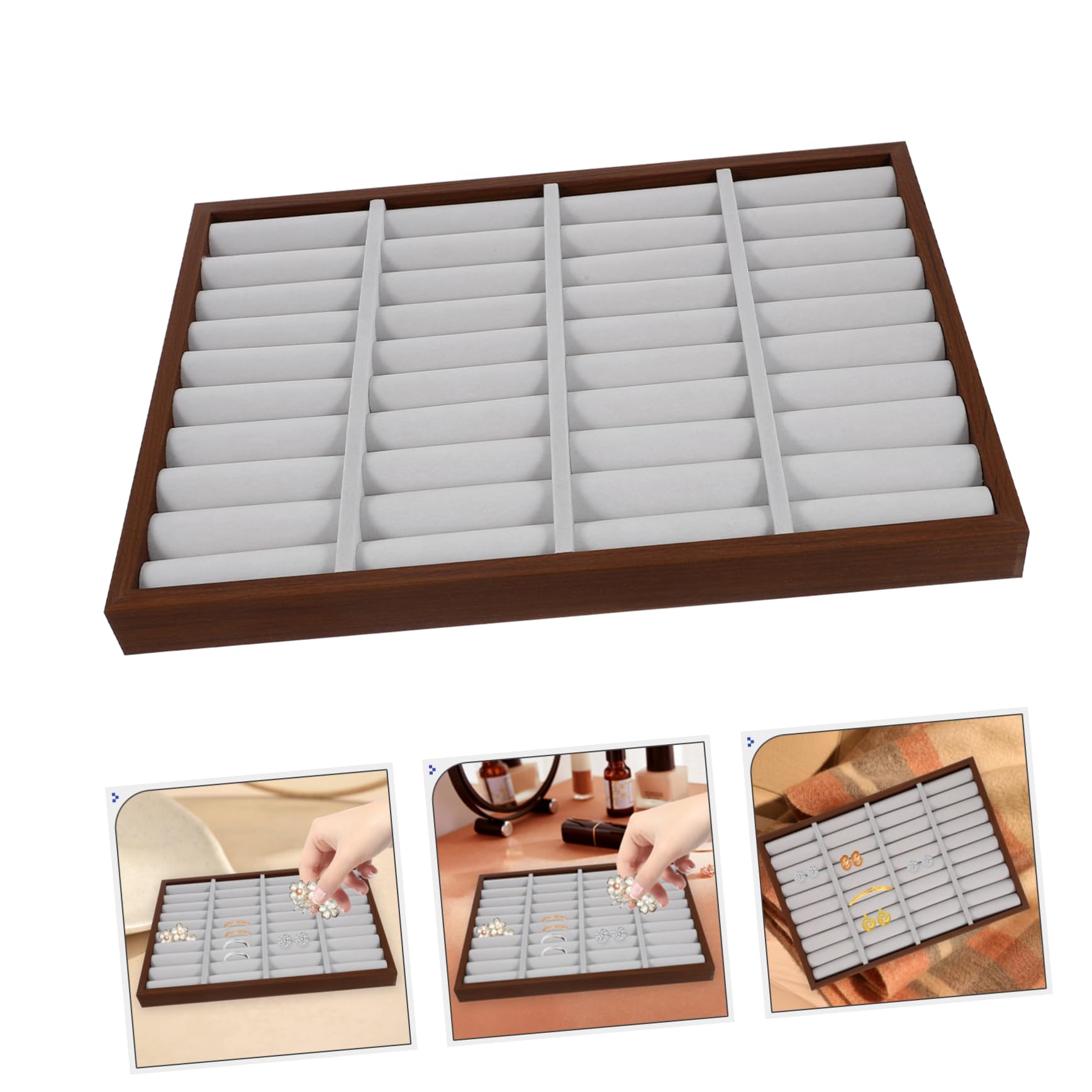 KOMBIUDA Holz Ringaufbewahrungsschale mit Leichtem Design und Schwamm Schmucktablett für Ringe und Ohrringe für Reisen und Dating in Braun
