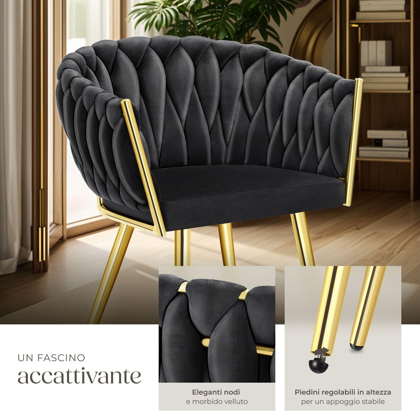 tectake® Set di 6 Sedie da Pranzo con Braccioli, Sedie Soggiorno in Velluto Extra Fine, Design Elegante a Nodo, Poltrone Velluto con Morbida Imbottitura, Sedie per Sala da Pranzo Versatili - Nero/Oro