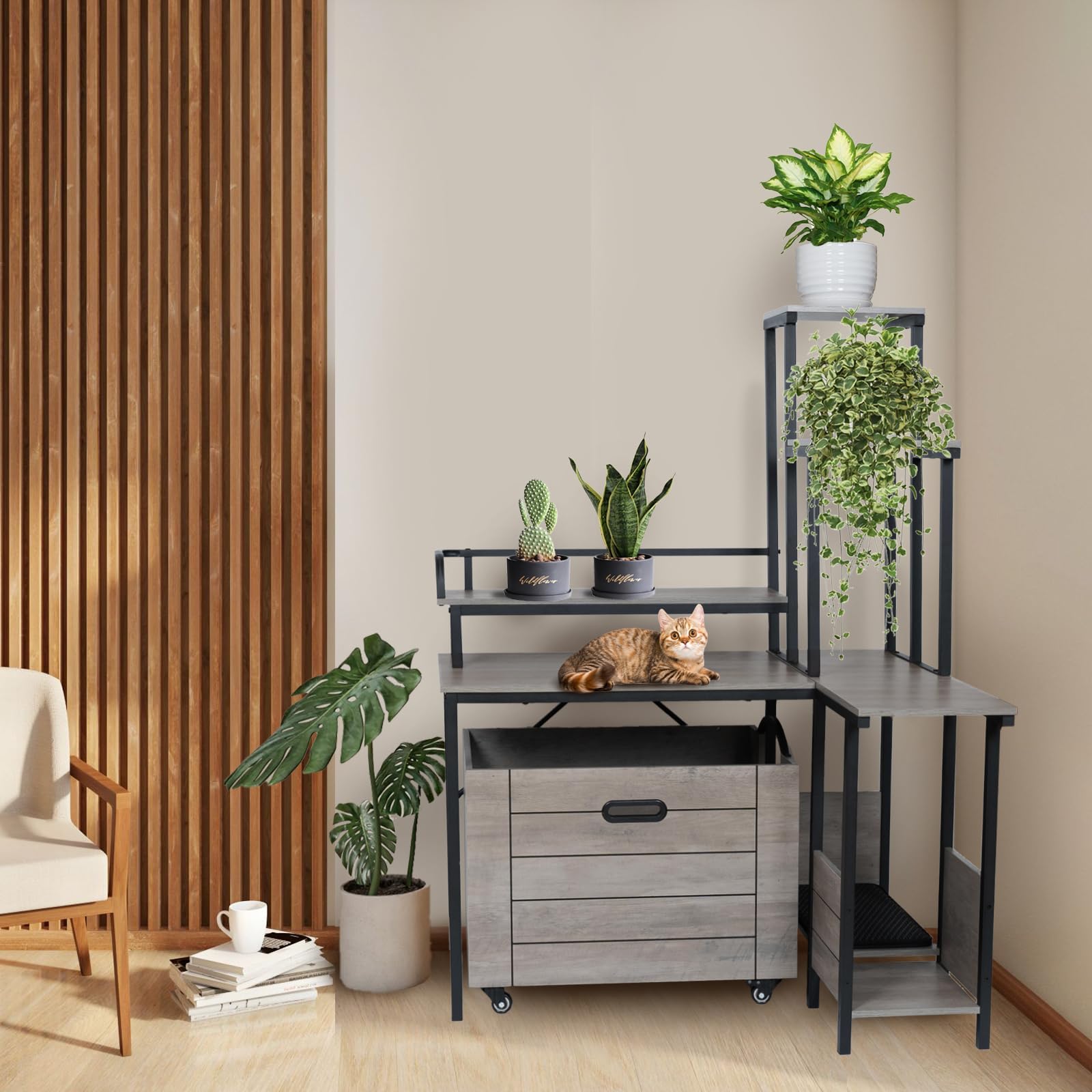 IDEALHOUSE Katzentoilette Versteckt Im Möbel – Stylischer Blumenständer Mit Ausziehbarer Schale, Extra Privatsphäre Für Deine Katze