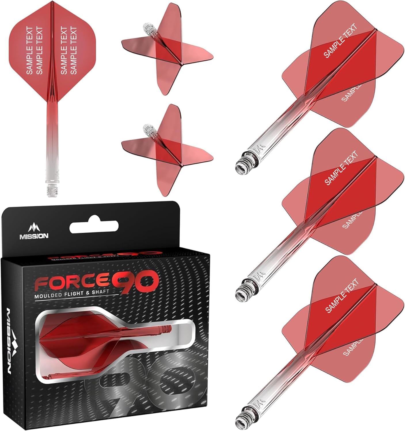 Mission Darts Force 90 | Personalised Integrated Precision Moulded Dart Flight And Shaft System, Highly Durable Combined Dart Flights And Stems | Standard No.2. (Transparent Red, Medium)