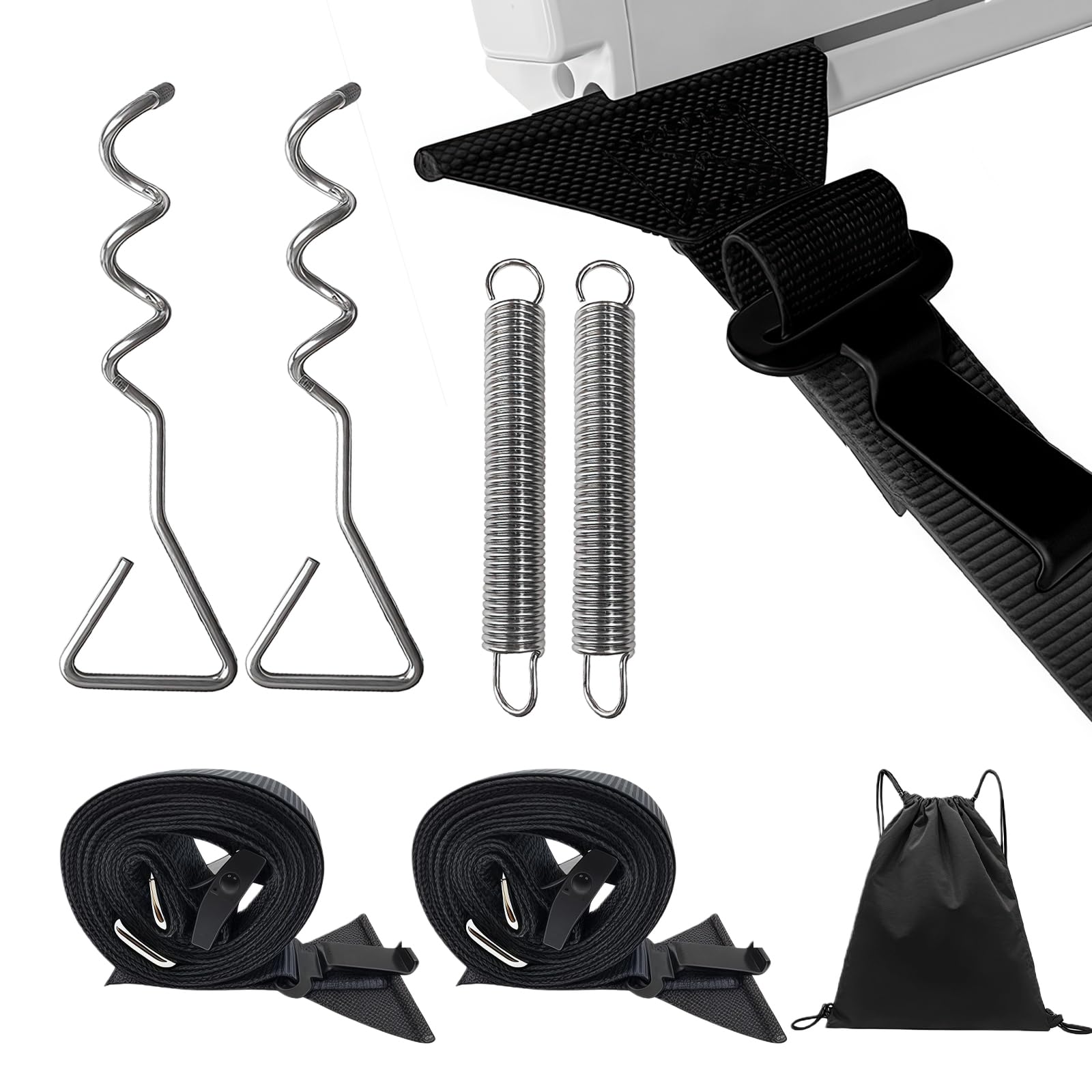 Sangle Anti Tempête - Kit de Fixation Universel Auvent Tente avec Système de Ressorts pour Camping Car Caravane Tente et Store Banne Profitez du Camping en Toute Sérénité | sangles, ressorts, clous de tente en spirale, accessoires de fixation solides et r