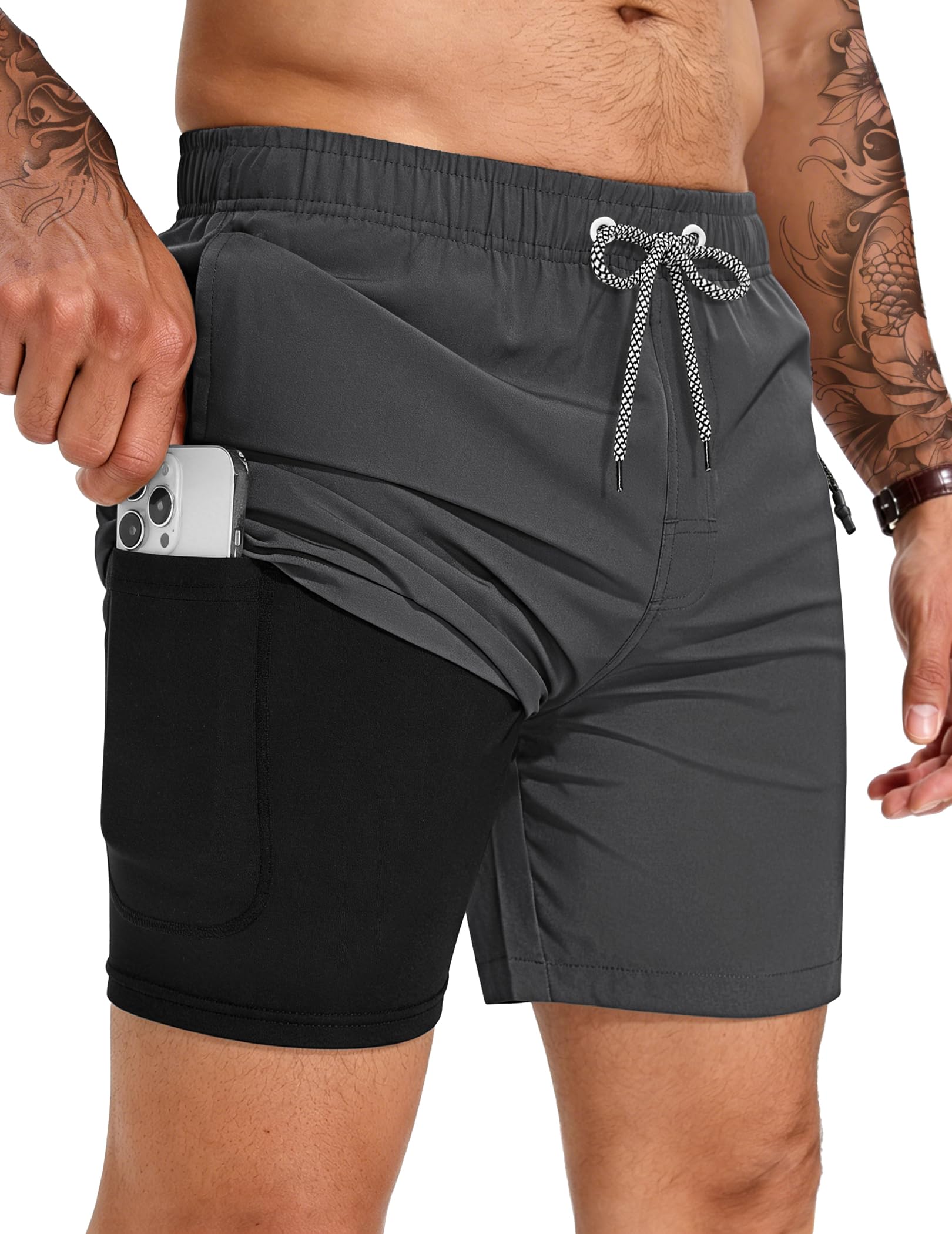 TARAINYA Badehose Herren Zipper Badeshorts 2 in 1 Kompression Liner Schnelltrocknend Atmungsaktiv mit Kordelzug für Strand Schwimmen Urlaub M-4XL