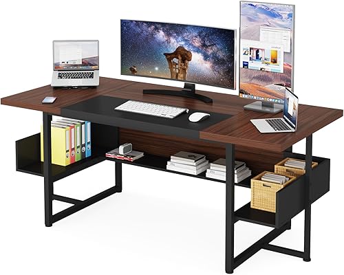 Miniatura 5 de Tribesigns 62 Inch Big Computer Desk with Storage Shelves, Modern Executive Desk Workstation for Home Office Furniture, Walnut & Black