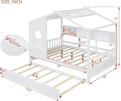 Miniatura 11 de Cama de casa de tamaño individual con 2 cajones, marco de cama de madera y barandilla de seguridad. Ahorra espacio, ideal para el dormitorio de un