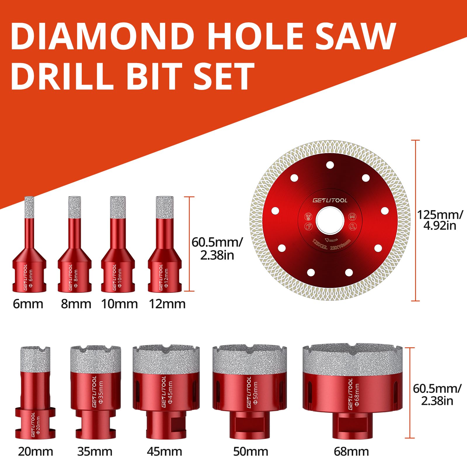 GETLITOOL Juego de brocas diamantadas de 11 piezas para amoladora angular M14, corte en seco/mojado para azulejos, mármol, granito, con 9 puntas de 6-68 mm, 2 discos diamantados de 125 mm y maletín de
