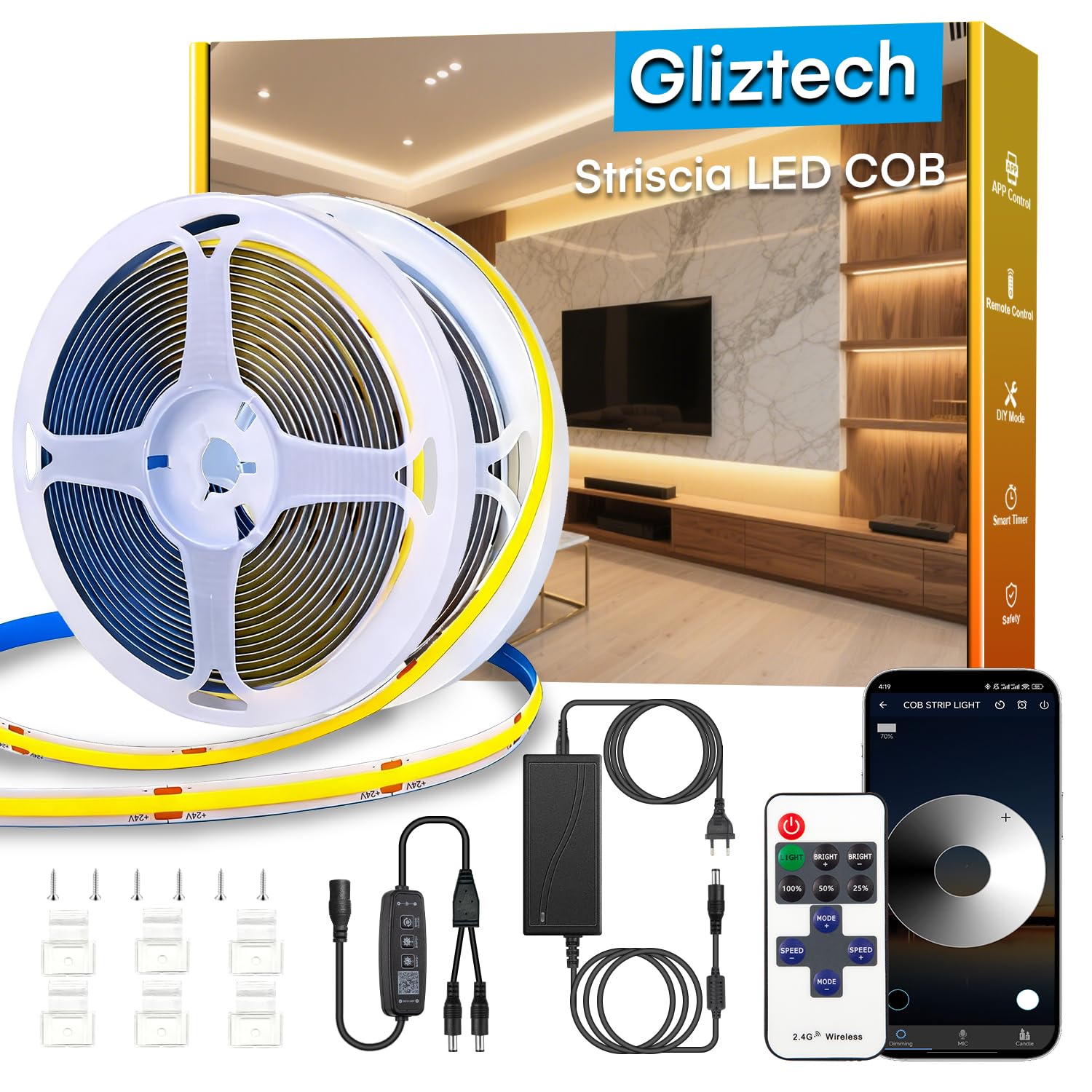 Gliztech Striscia LED COB 30m, Dimmerabile 2700K, Bianco Caldo CRI90+, con App e telecomando. Questa striscia LED COB è Adatta per l'illuminazione di Interni in Camere da Letto, Soggiorni, Cucine
