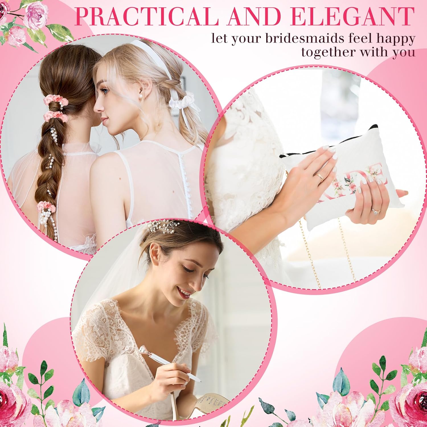 HyDren 35 Pcs Bridesmaid Proposal Gifts Maid of Honor Gift Include Champagne Flutes Makeup Bags Invited Cards Hair Scrunchies Bracelets Diamond Pens for Wedding Bachelorette(Cute Style,Pink) - Image 6