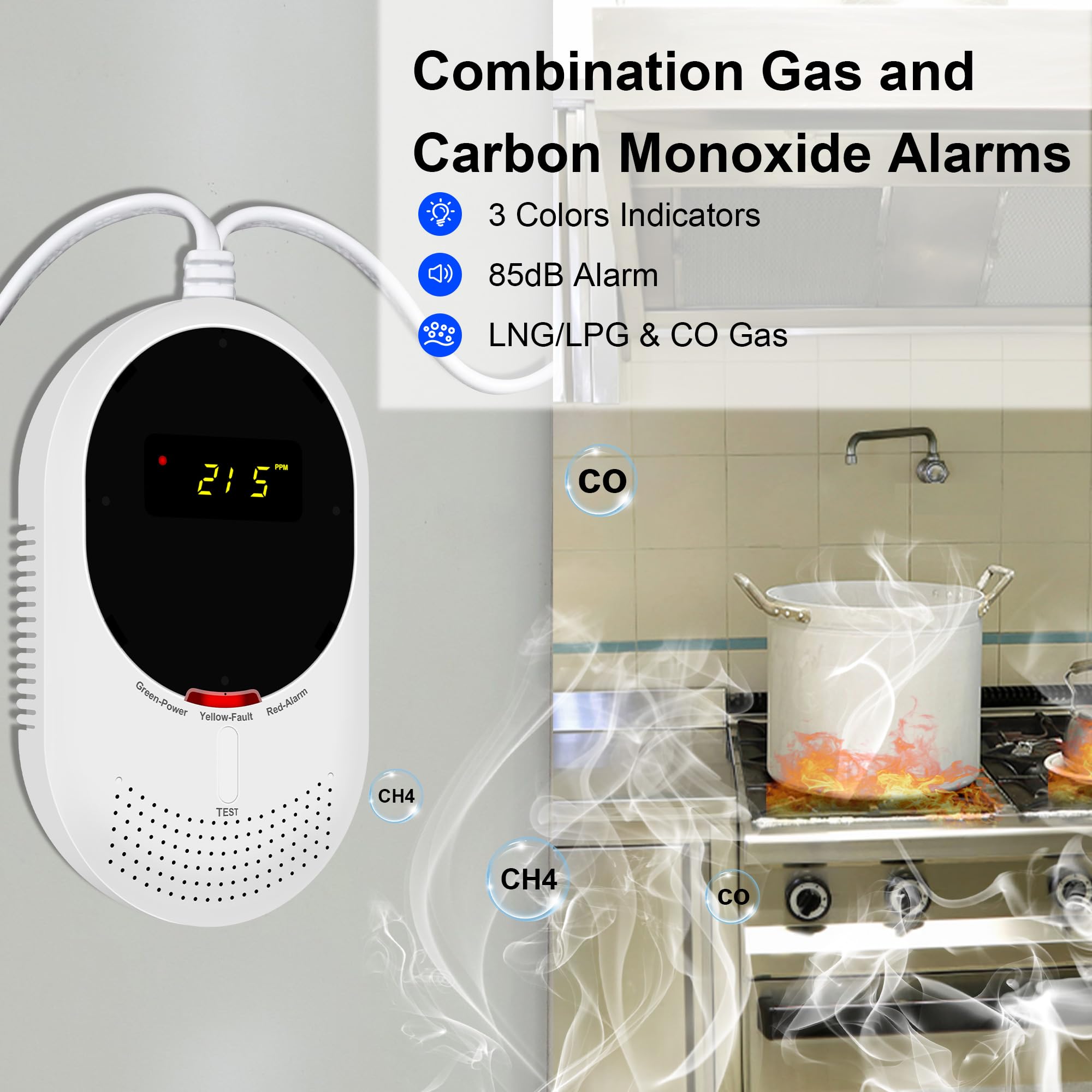 WiFi Detector de Gas y Monóxido de Carbono con Pantalla LCD, Monitoreo por App Smart Life, Certificado EN 50291 y EN 50194, Detector de Gas (Metano/Gas Natural y GLP) y CO, Pack de 1