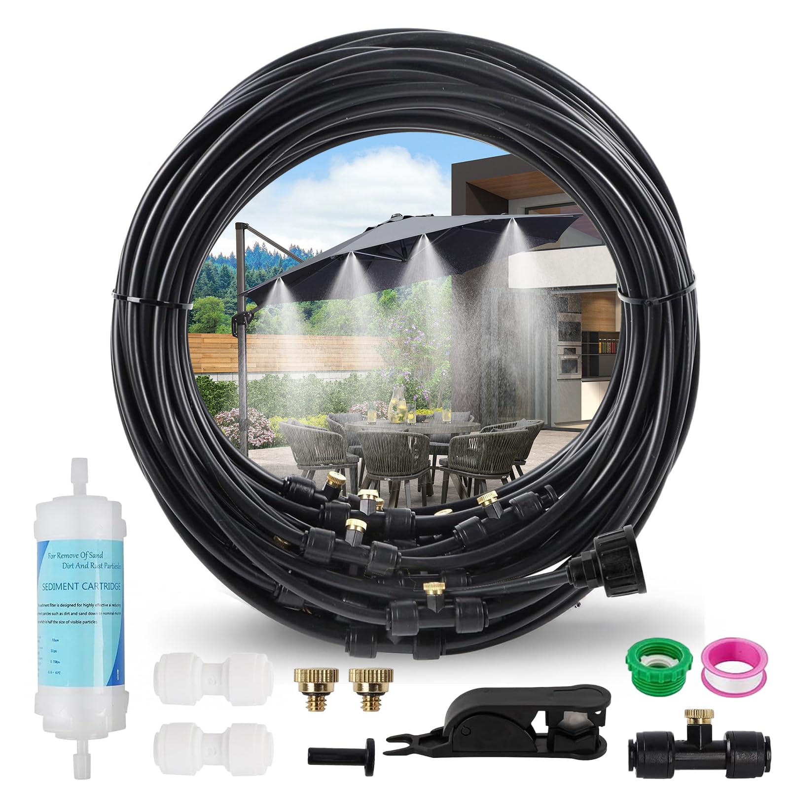 Landrip - Kit de nebulizador exterior (19 m, con 20 boquillas + 1 adaptador de 3/4 pulgadas, para jardín, terraza, invernadero y parque acuático