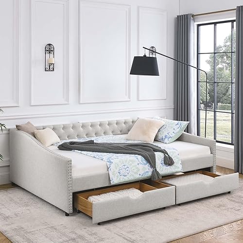 Daybed with Drawers, Modern Linen Upholstered Queen Size Day Bed Button-Tufted Sofa Daybed Frame with Double Drawers, No Box Spring Needed, Furniture for Bedroom Living Room Guest Room (Beige, Queen)