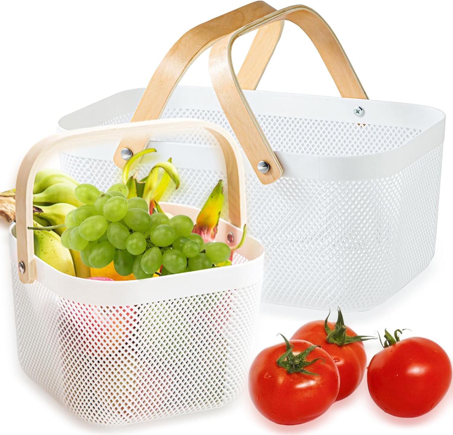 Nexboraque 2 Pack Plastic Mesh Garden Harvest Basket, Plastic Picnic Baskets with Foldable Wooden Handle, Rectangle Fruit Vegetable Storage Organizer Bins for Gathering, Kitchen, Pantry, White