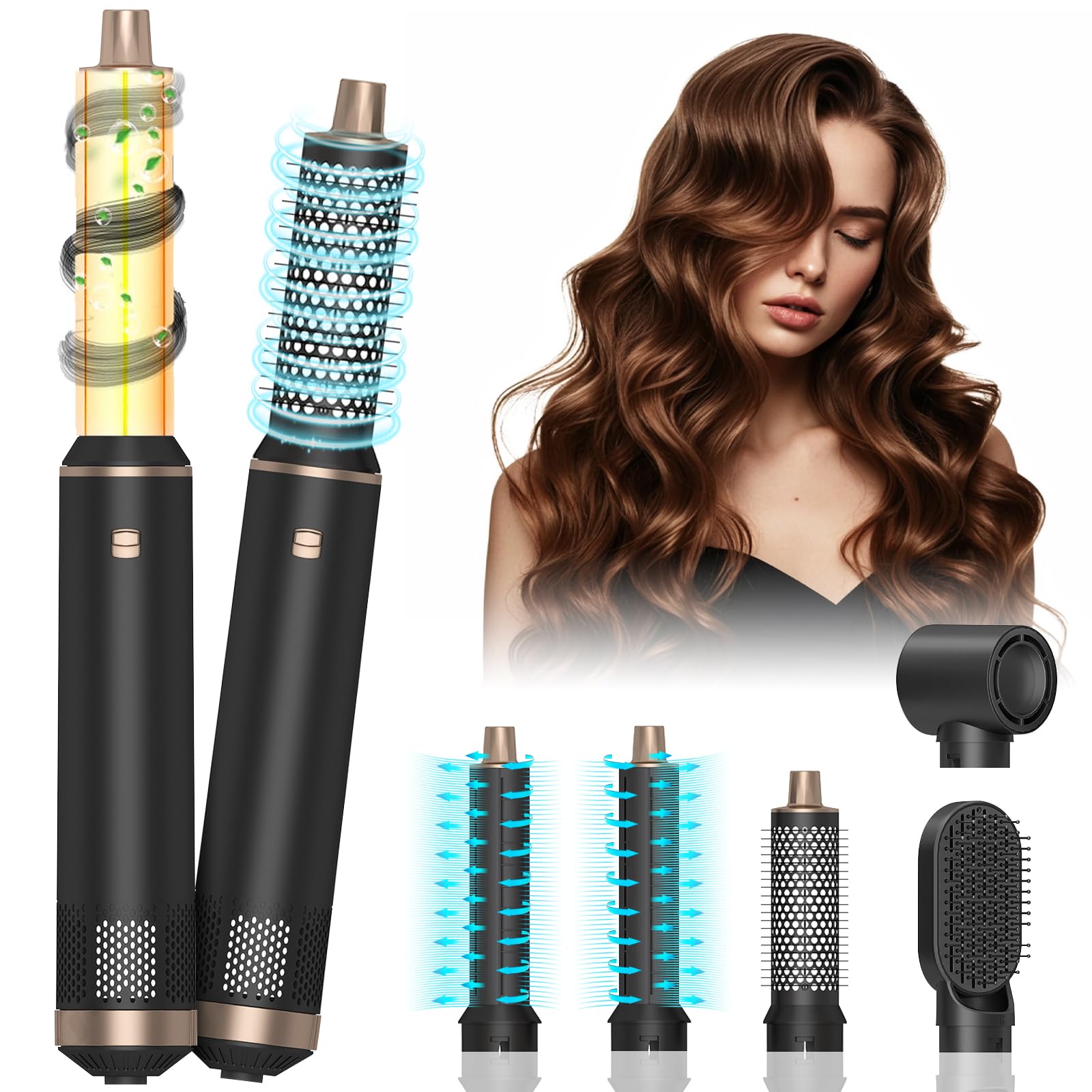 Hairstyler Set mit Lockenstab, 5 In 1 Airstyler Set mit Föhn, Föhnbürste, Warmluftbürste, Automatischem Lockenstab, Glättbürste, Haartrockner Volumen Föhnbürste für Glätten,Volumen