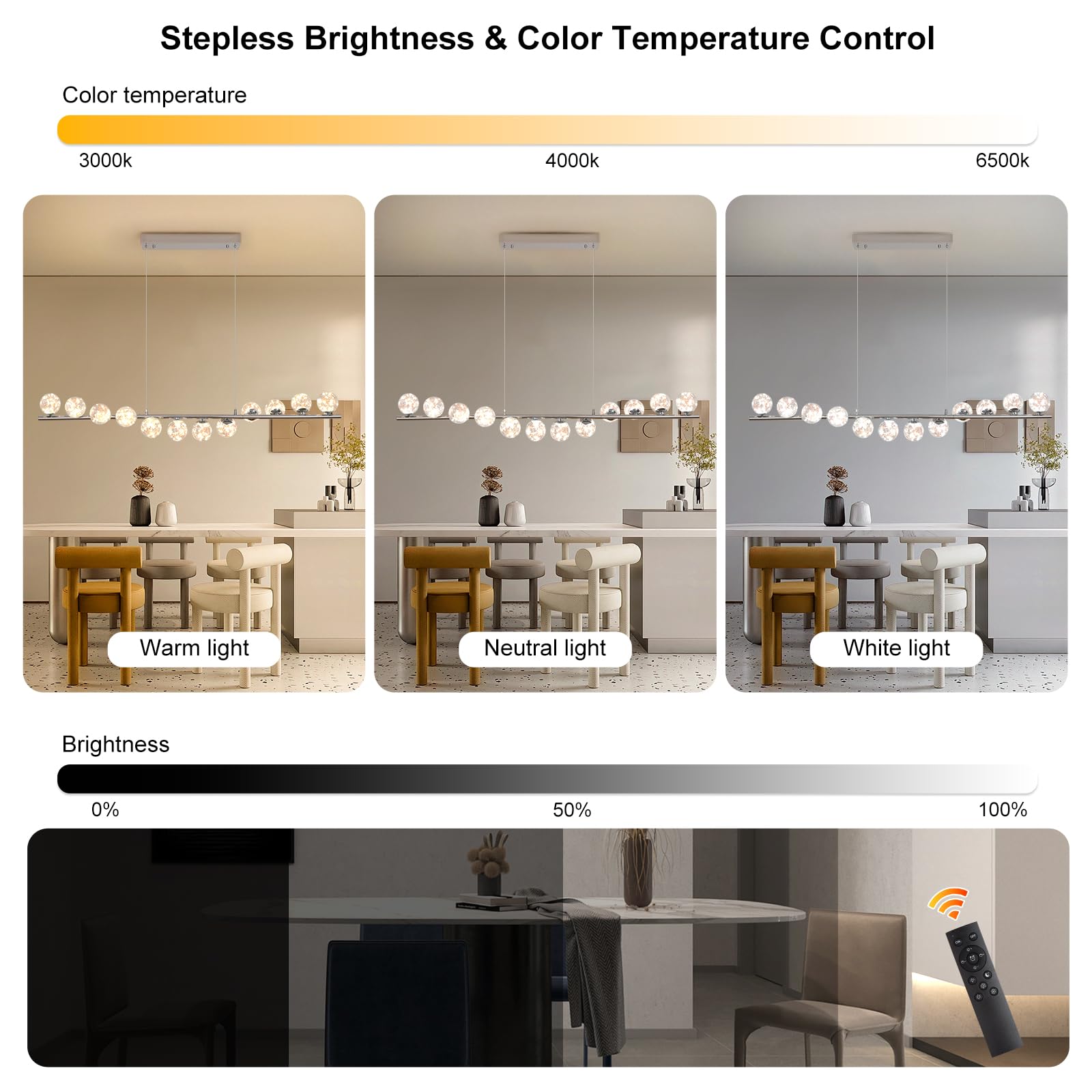 GEADI LED Lampadario Cromato, 120CM Lampada a Sospensione Moderna per Tavolo da Pranzo con 12 Globi di Vetro, Plafoniere a Soffitto Regolabile, Lampadari Lungo per Sala da Soggiorno, Cucine, Salotto