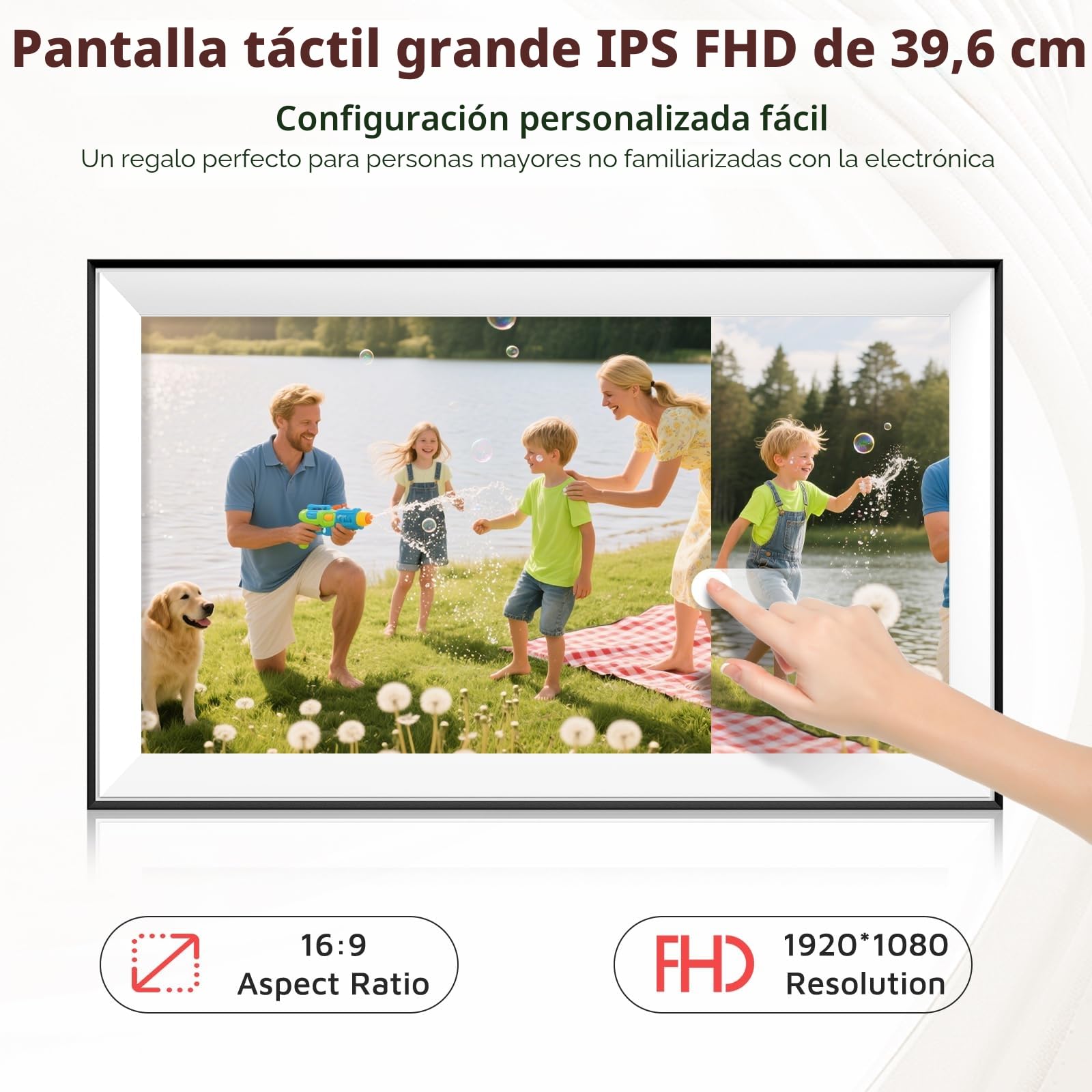 Hesmor Marco de Fotos Digital de 15,6'' WiFi FHD 1920 x 1080, Pantalla táctil IPS Marco de Fotos electrónico con 32 GB de Memoria, rotación automática, fácil Transferencia de Fotos vídeos a través