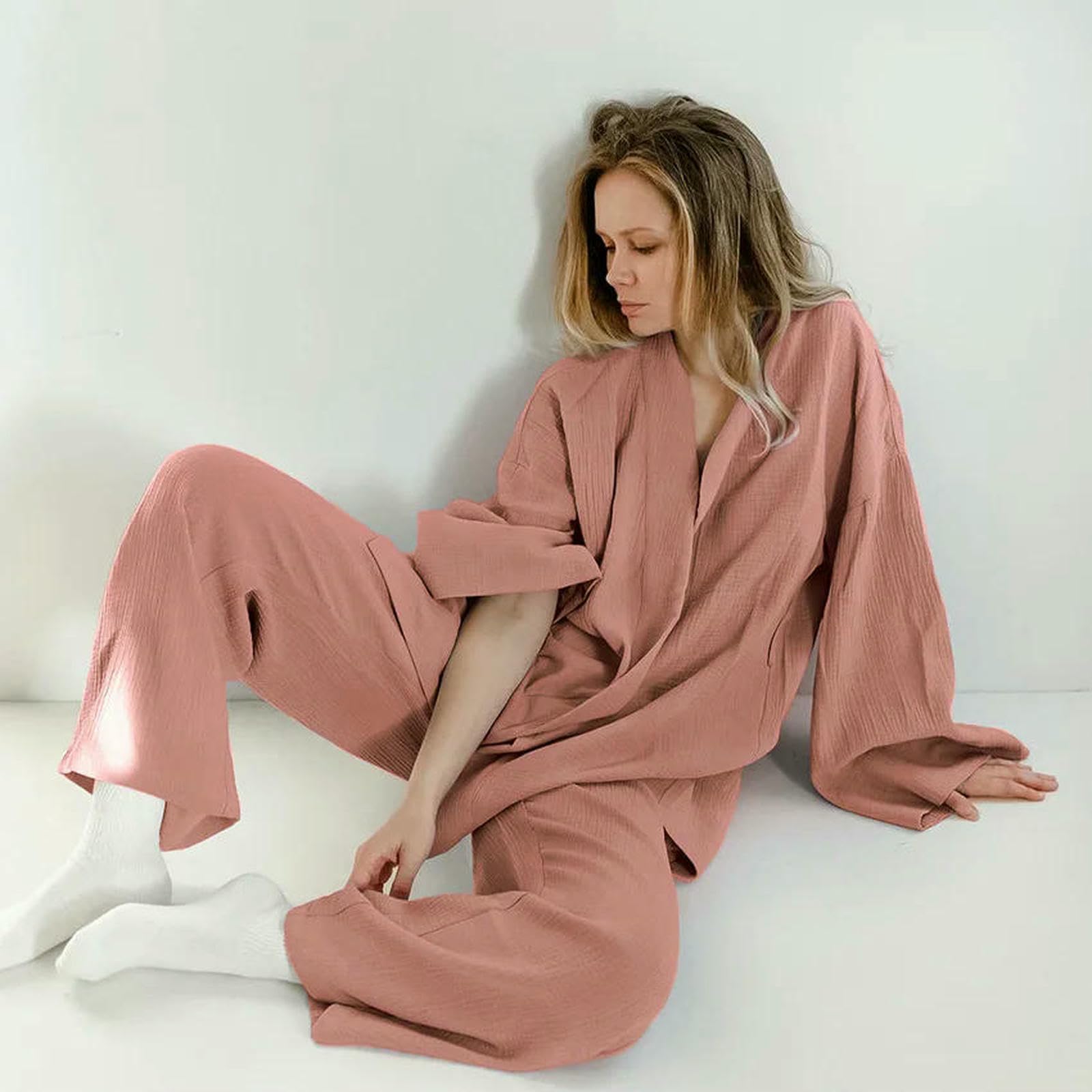 Pigiama in Cotone crêpe Pantaloni A Maniche Lunghe da Donna Completo Servizio Domicilio Mujer-Marrone Chiaro-s