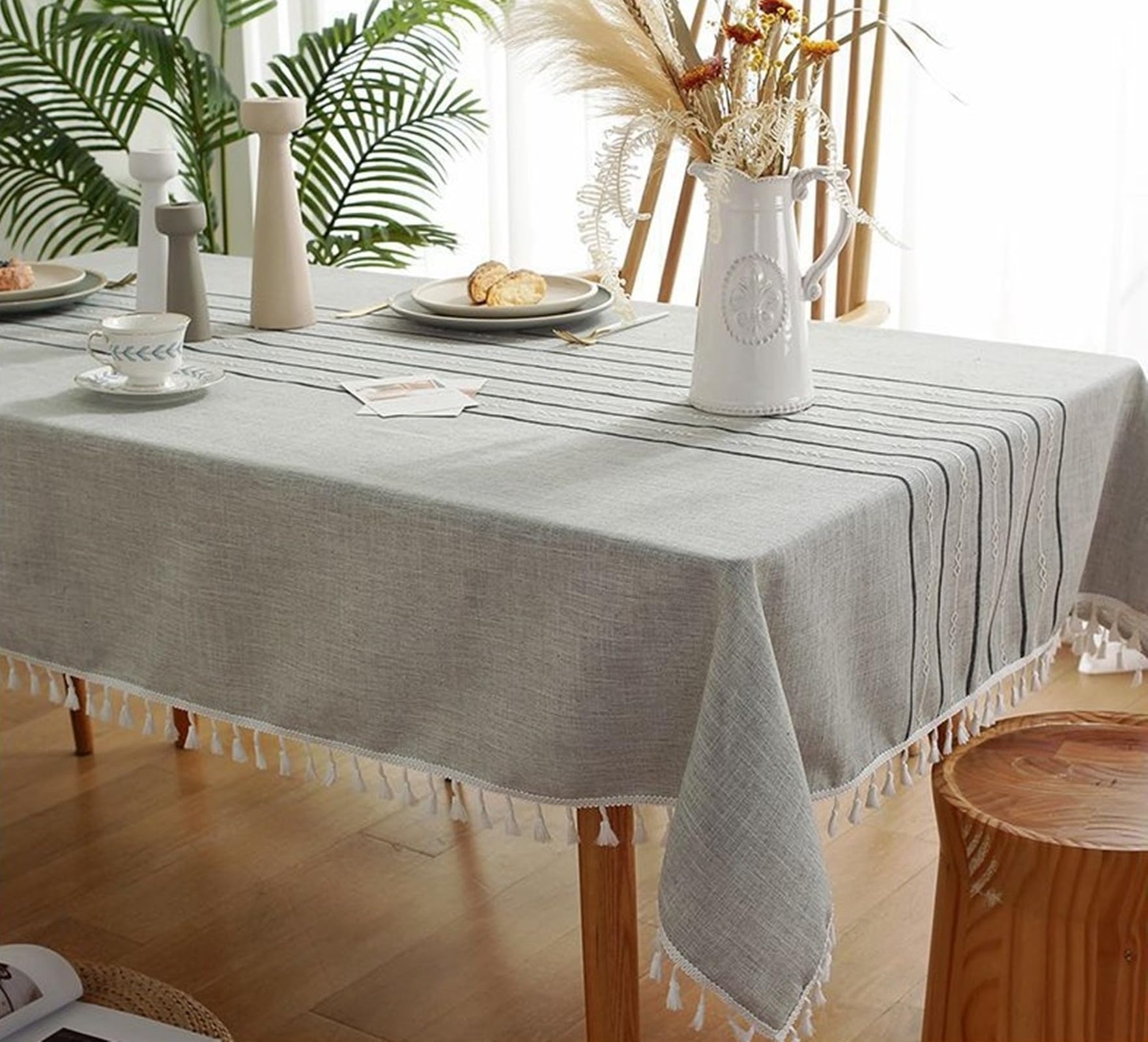 Zmywalny obrus w paski, szary, 140 x 180 cm, Tablecloth o wyglądzie lnu, prosty, prostokątny, stół kempingowy