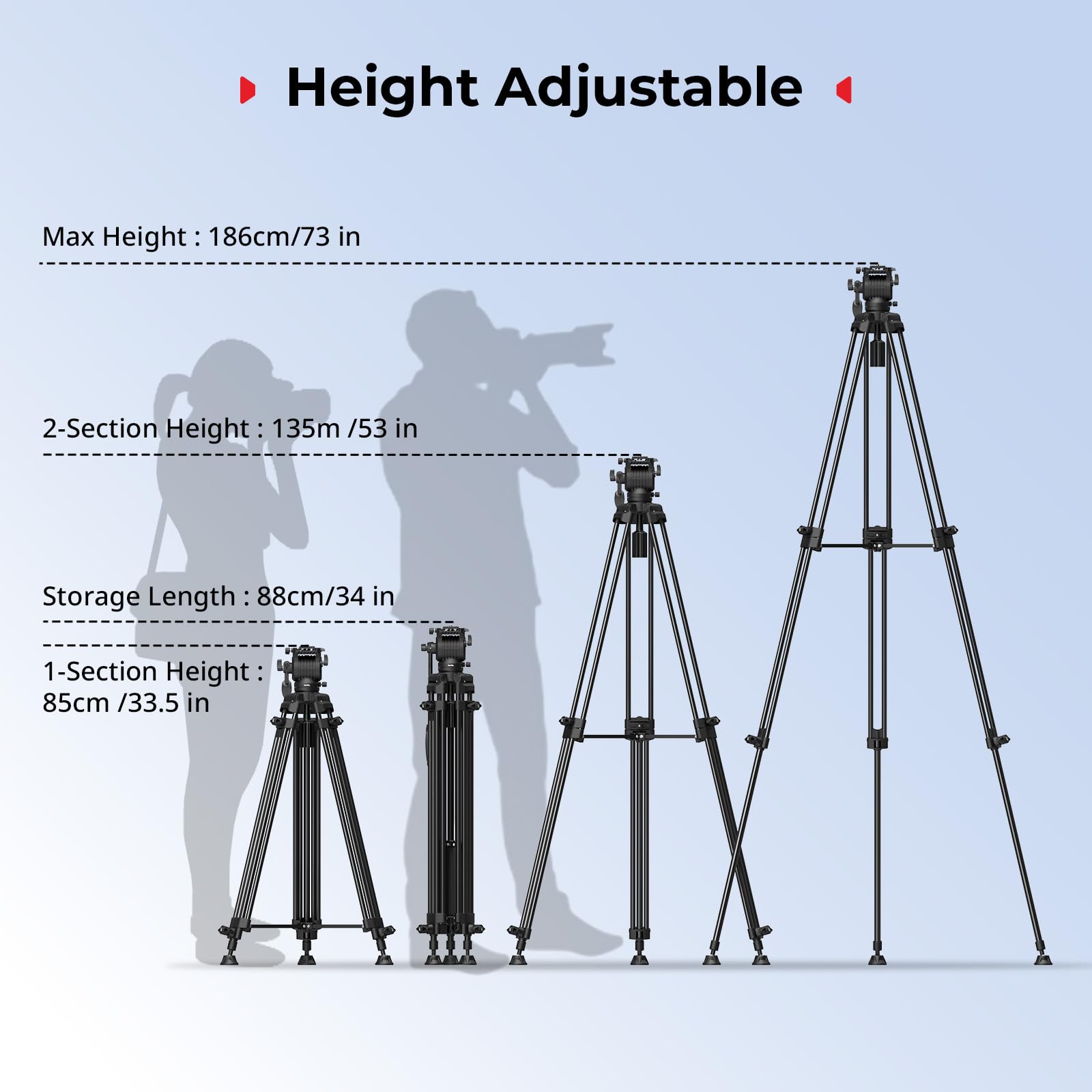 SMALLRIG 73''/186 cm, wytrzymały statyw wideo ze stopu aluminium, maks. udźwig 8 kg (18 funtów), głowica płynna z zakresem pochylenia od +85° do -78°, 3,1 kg (6,8 funta) - 5440