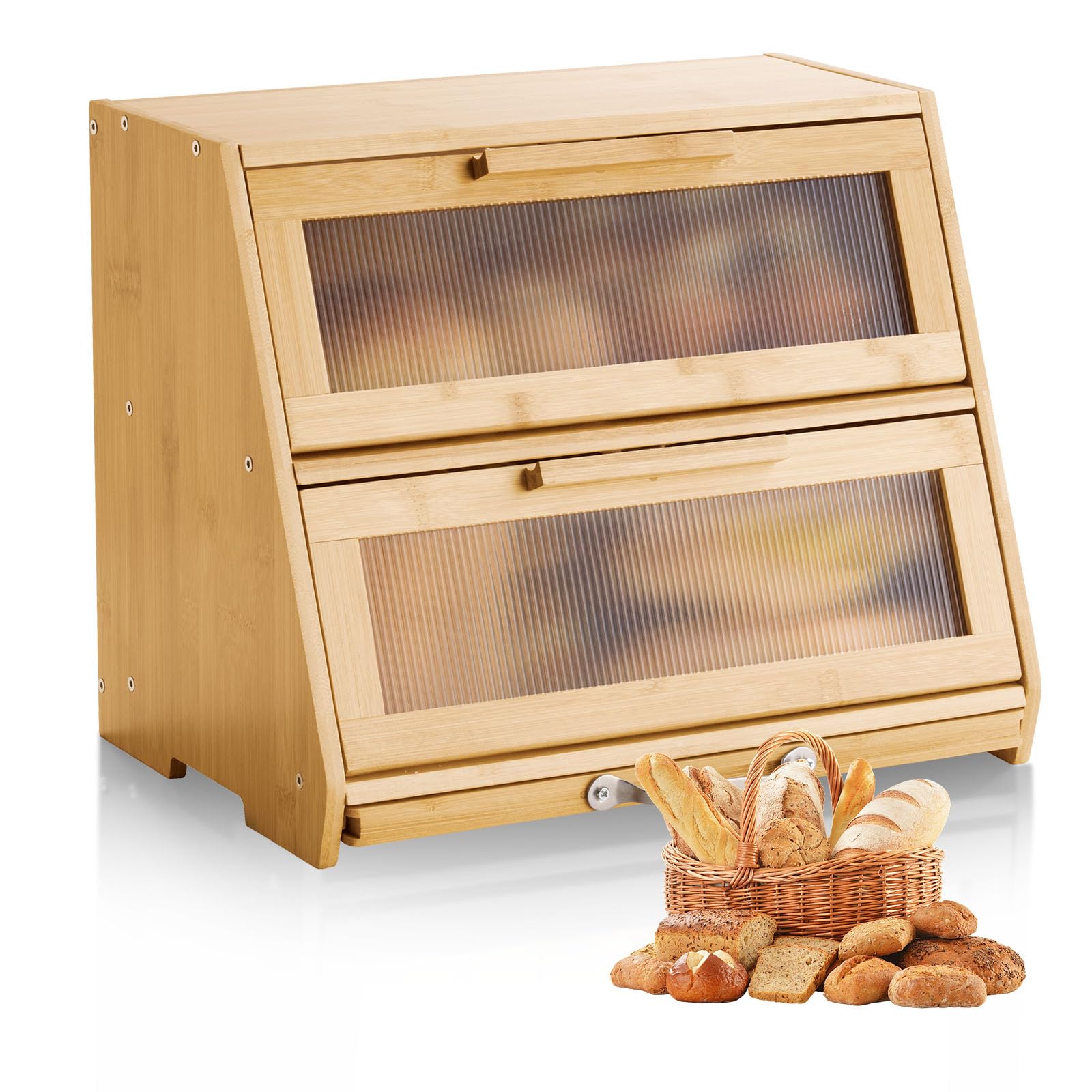 VEVOR Contenitore per Pane a Doppio Strato per Bancone della Cucina 390 x 260 x 320 mm Contenitore per Pagnotta in Legno di Bambù per Pane Fatto in Casa, con Pannello Porta in Acrilico Ondulato