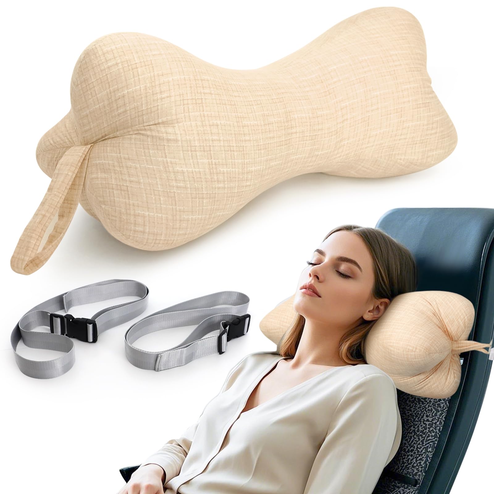 RoamReady Neck & Cervical Pillows, Dog Bone Shaped Neck Pillow with Fixed Rope & Have Loops on End, for Chiropractic Lumbar Spine, for Car Bus Truck Driving Travel Comfort Head Rest Support,Yellow