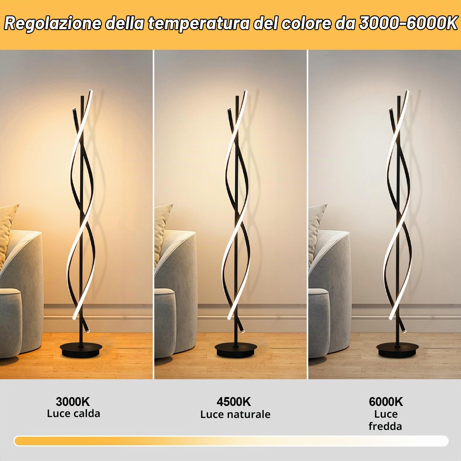 Lampada Da Terra LED Dimmerabile, 52W Piantana Lampada Da Terra Salotto, Moderna Lampada Da Pavimento Con Telecomando, 155cm Spirale Lampada Soggiorno Per Lettura, Camera Da Letto, Ufficio (BLACK)