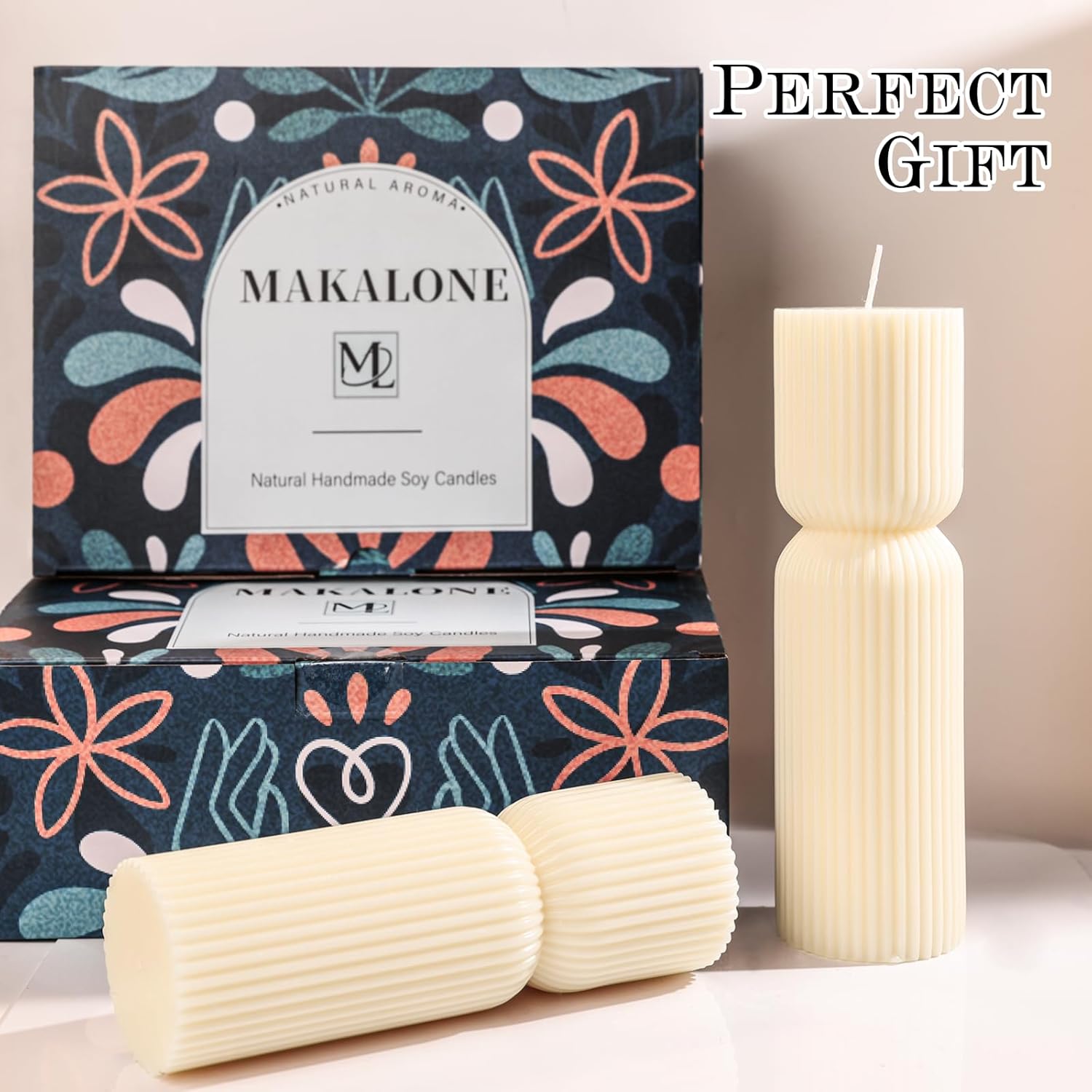 Cream White Ribbed Pillar Candles,Aesthetic Roman Column Scented Candles for Home Decor,Sandalwood Scented Natural Soy Wax, Decorative Sculptural Candle for Housewarming Gift,Stress & Anxiety Relief