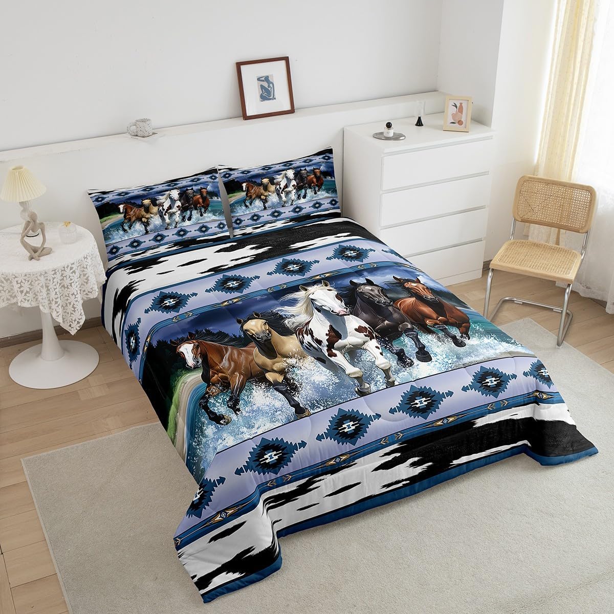 Feelyou Horse Bedding Set Queen Size Kids Galloping Horse Comforter Set Western Cowboy Southwestern Geometric Comforter for Room Decor Cute Animal Decor Duvet Set with 2 Pillow Case