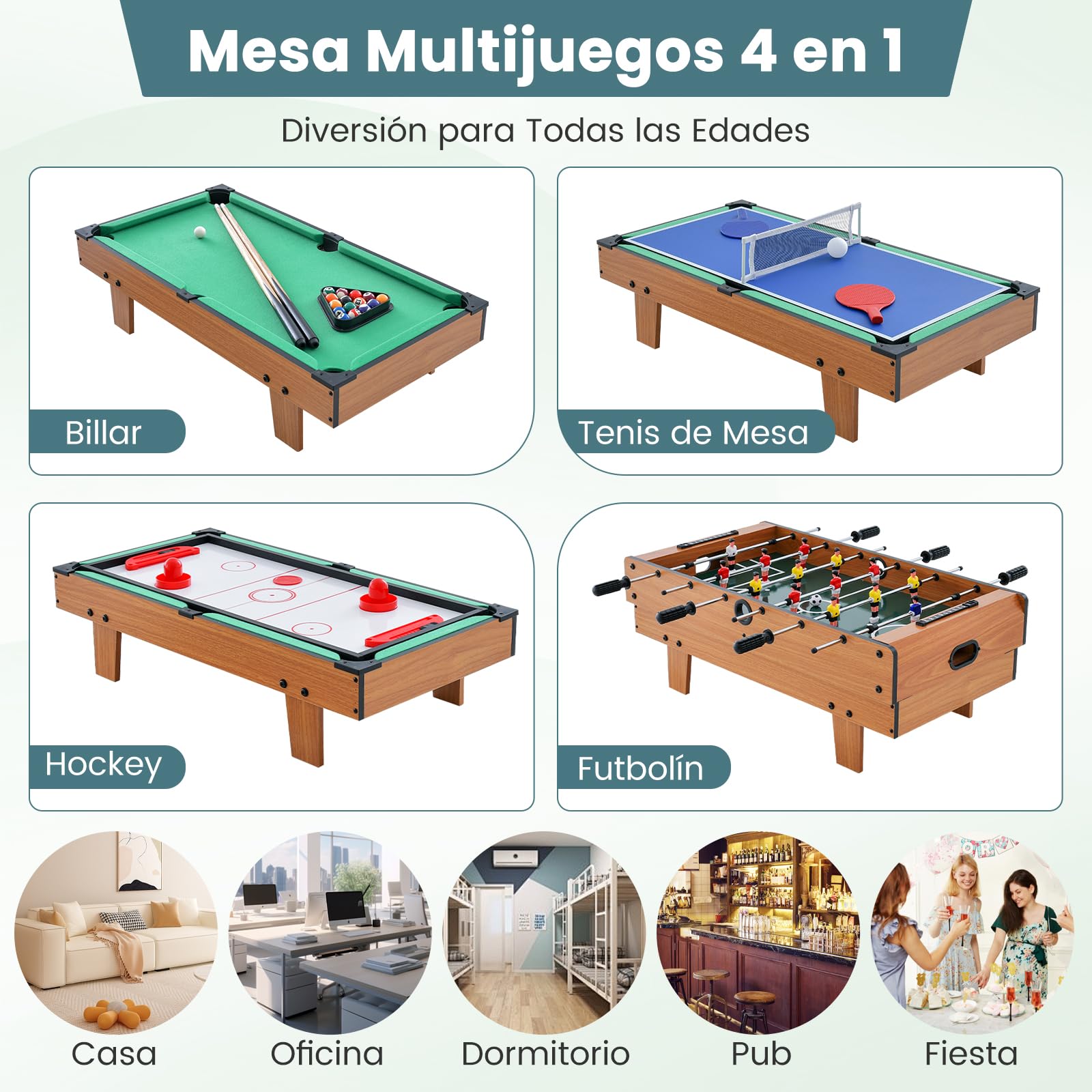 COSTWAY Mesa de Futbolín 4 en 1 con Billar, Ping Pong, Hockey y Accesorios Completos para Hogar, Sala de Juegos y Noches Familiares, Mesa de Juegos Multiusos para Niños y Adultos