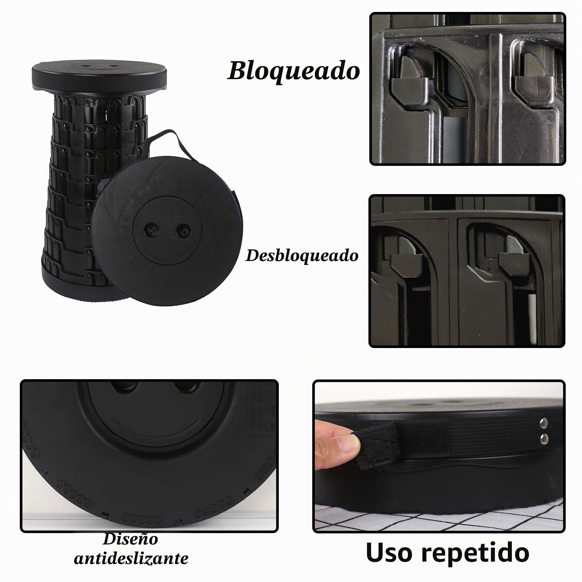 2pcs Silla Plegable Ligera, Capacidad Máxima de Carga 215kg / 470pound, 7 Alturas Ajustables, Taburete Plegable Senderismo, Pesca, Viajes, Barbacoa, Jardín, Aire Libre, Interior Negro