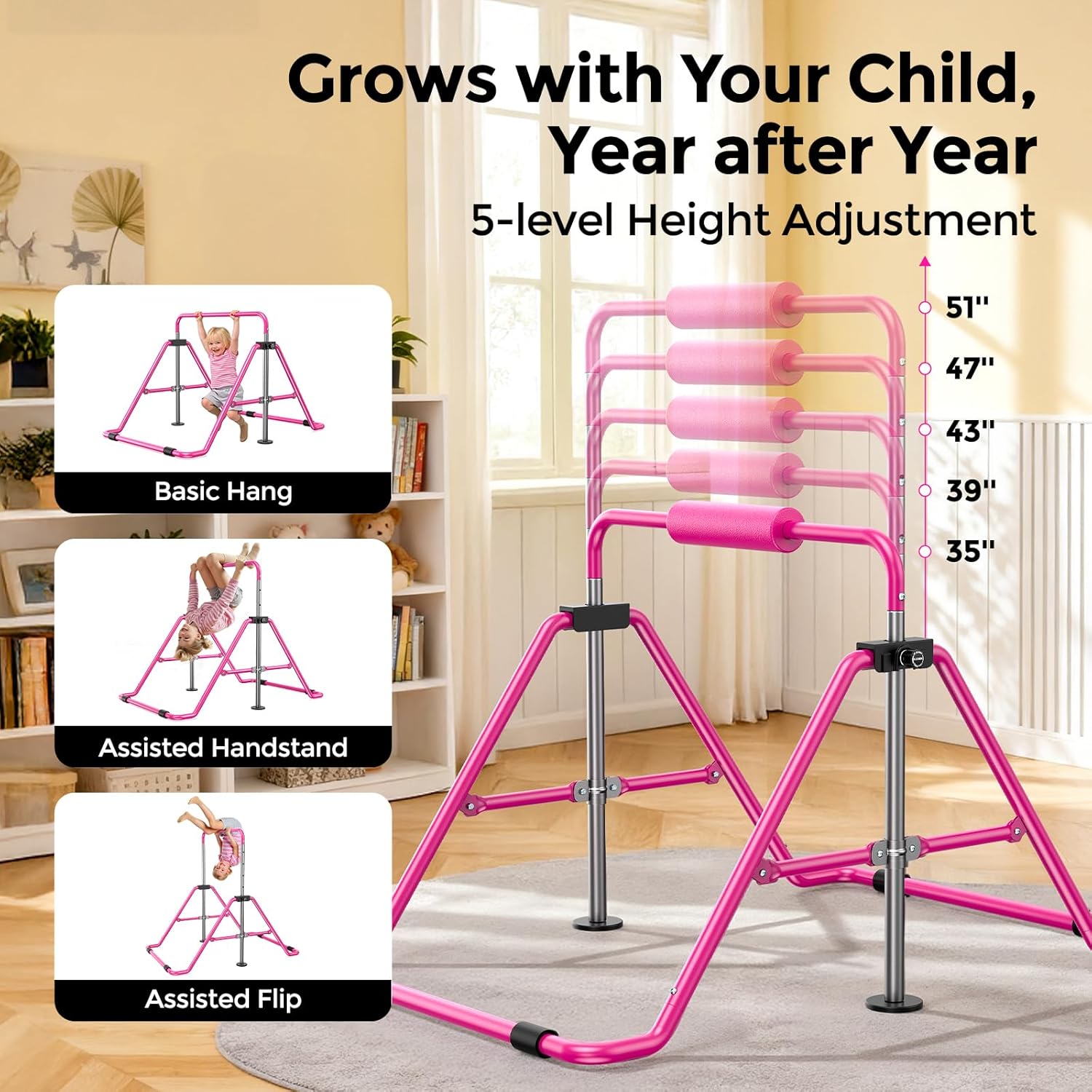 Sportsroyals Gymnastics Bar for Kids,Adjustable Height Gymnastic Horizontal Bars,Folding Gymnastic Junior Training Kip Bar for Home, Pink
