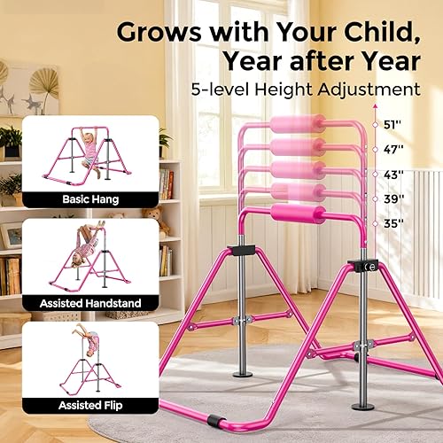 Miniatura 7 de Sportsroyals Barra de gimnasia para niños, barras horizontales de gimnasia de altura ajustable, barra de gimnasia plegable para el hogar, color rosa