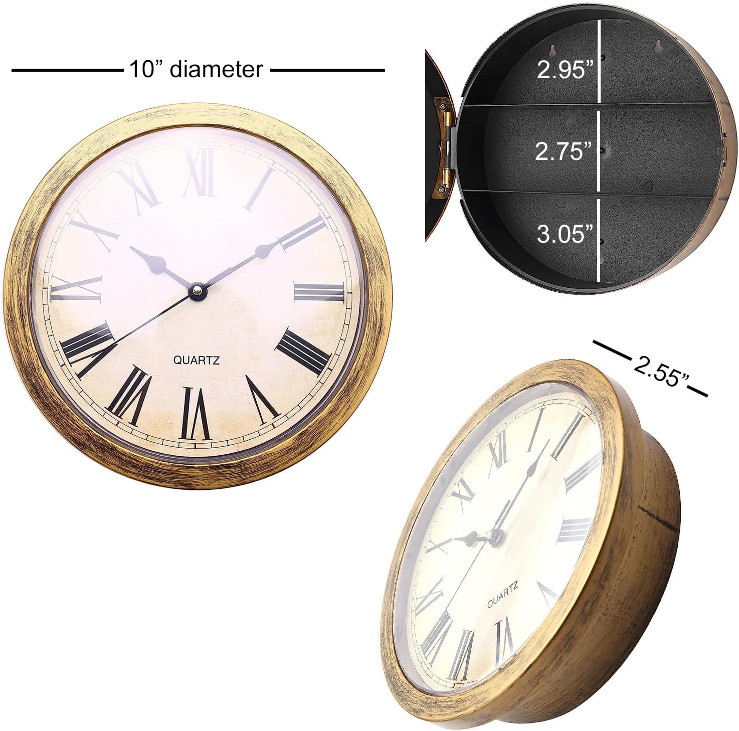Wall Clock with Hidden Safe, 10 inch Plastic Secret Safe Wall Clock for Living Room Decor, Vintage Decor Clock Diversion Safe with Hidden Compartment, Cool Stuff for Your Room (Gold)