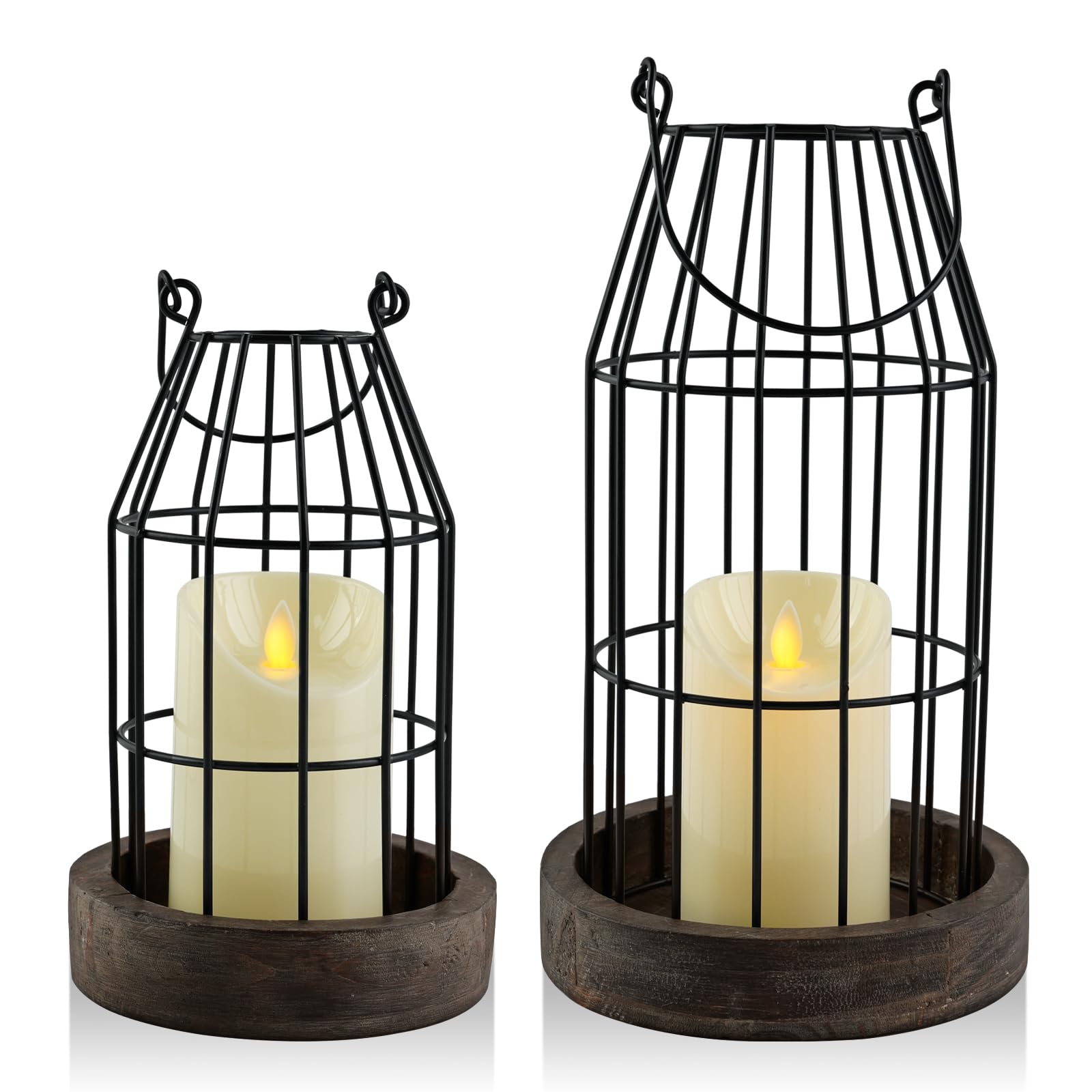 Farmhouse Lanterns - Set of 2 Rustic Home Decor with Flameless Candles, Wire Metal Cloche Decorative Candle Holders for Living Room, Fireplace Mantel, Dining Table (Brown)