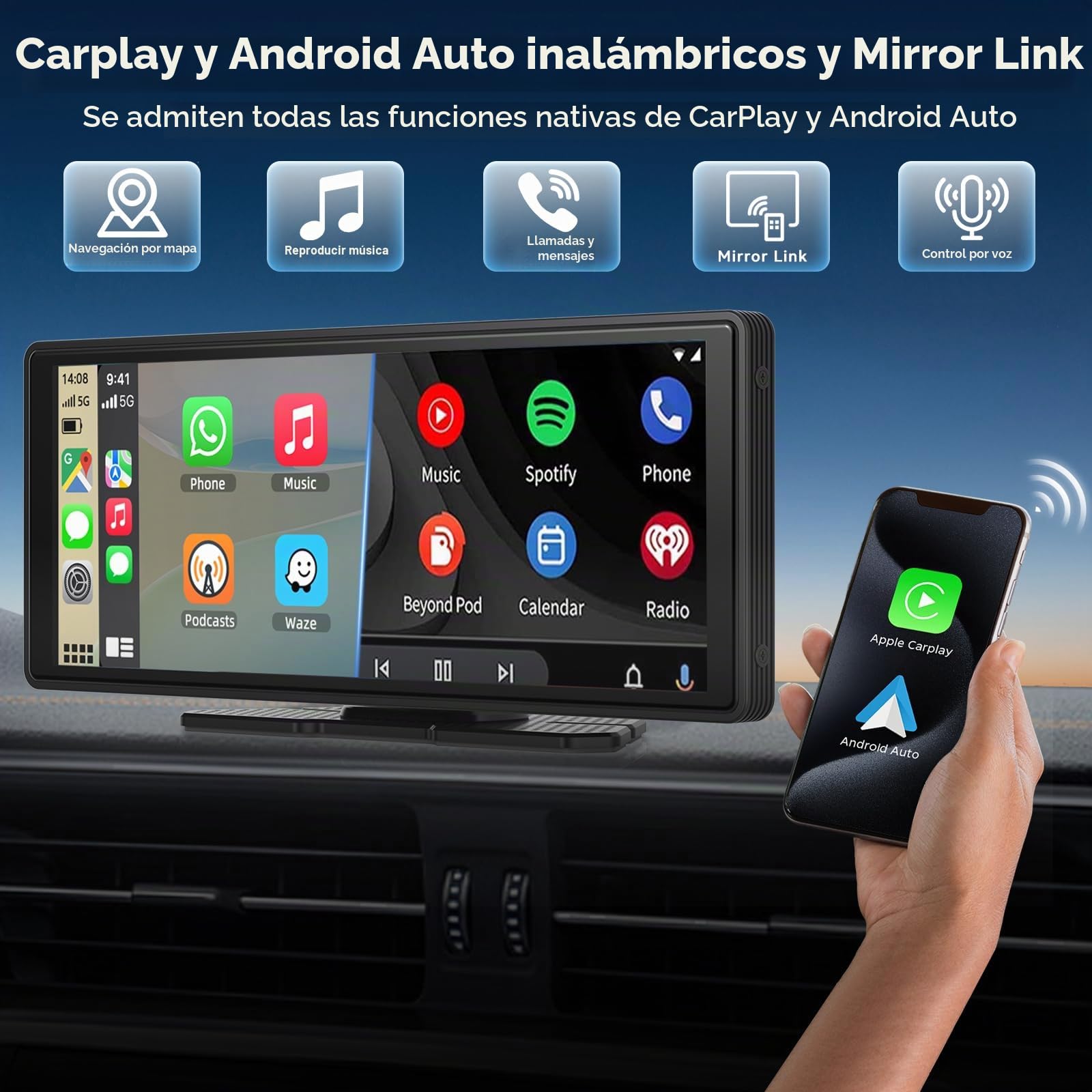 10.26" Pantalla Carplay Coche para Apple CarPlay & Android Auto, Táctil Pantalla con 4K Dash Cam / 1080P Cámara Retrovisora, CarPlay Autoradio Pantalla Táctil Soporta Doble WiFi / Video