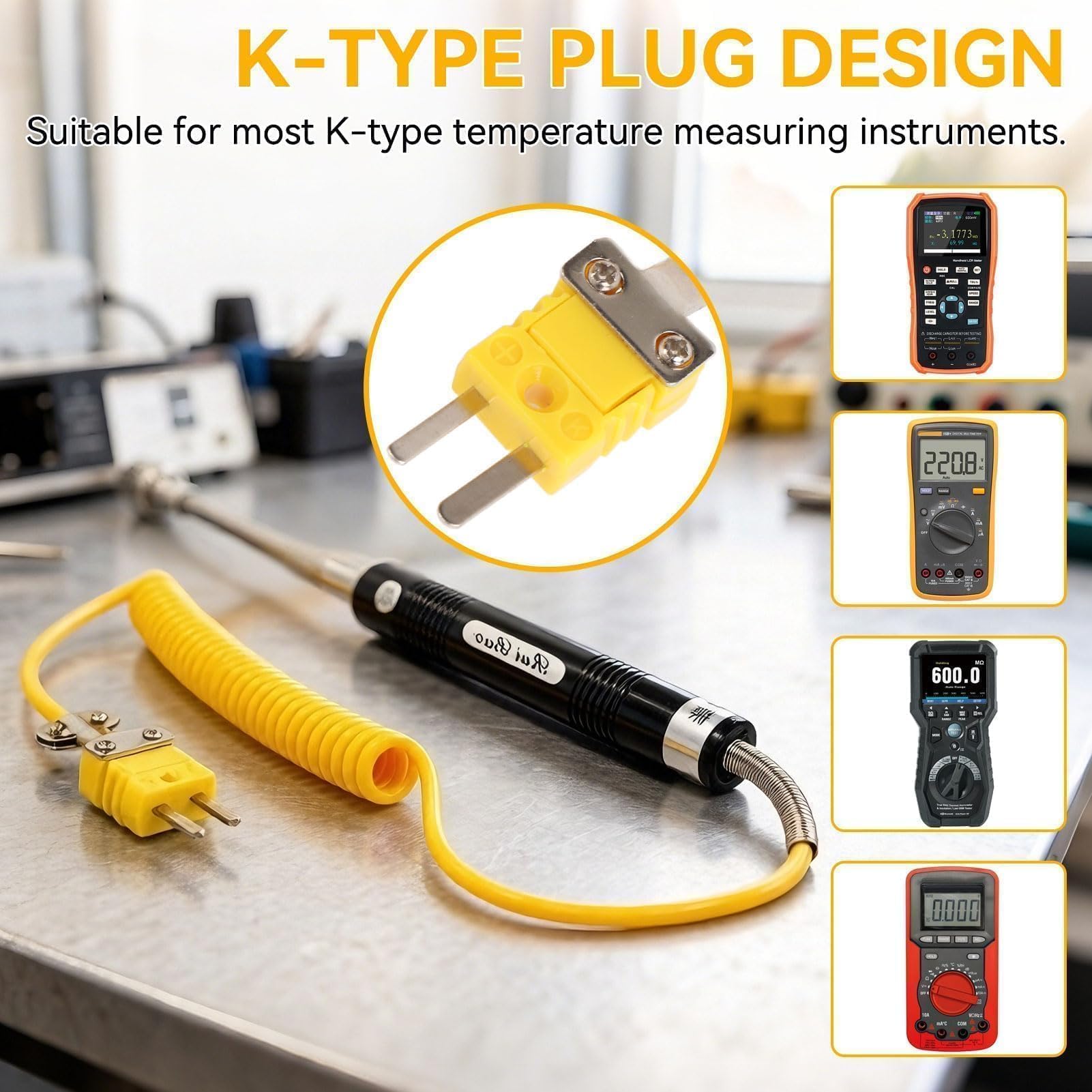 Sonde Type K Air, Sonde de Température de Surface avec Poignée Isolée, Portable Aiguille Pointe Capteur de Thermocouple en Acier à Réponse Rapide pour Mesure de Température