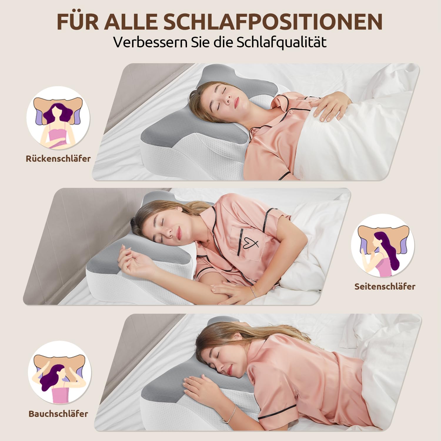 DONAMA Almohada cervical de espuma viscoelástica, almohada para dormir de lado, espalda y boca abajo