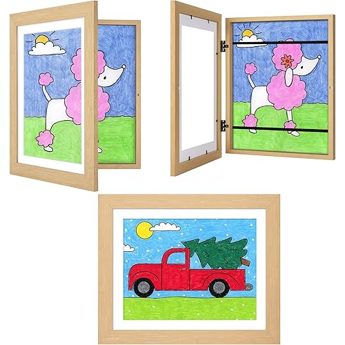 3Pack Kids Art Frames Natural Woodgrain, 10x12.5 Child Artwork Frame Without Mat Changeable Front Opening, 8.5x11 Frame With Mat, Children Storage Frame Holds Crafts, Drawing, Art Project, Schoolwork