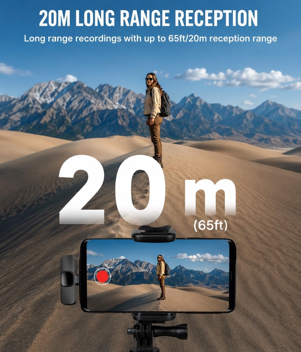GLOBAL TECH Microfoni Lavalier wireless per iPhone/Android/iPad/tablet – Confezione da 2 mini microfoni wireless a clip per registrazione video, podcast, vlogging, Youtube, live streaming