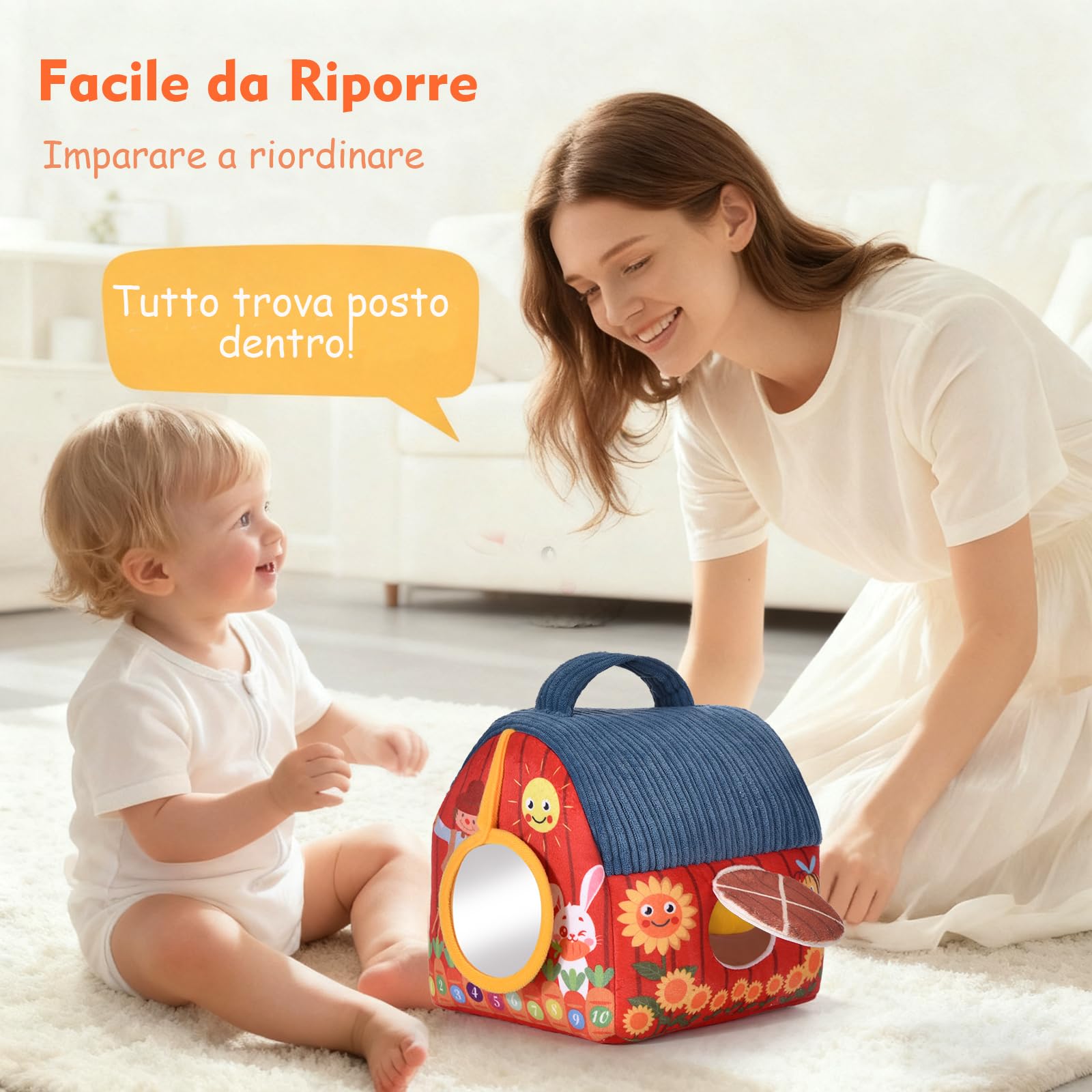 Loyzico Giochi Bambini 1 Anno 6 9 12 Mesi, Montessori Gioco Neonato Fattoria, Fienile e 6 Animali della Fattoria in Peluche, Sonaglio e Specchio-Regalo Bimbo Bimba 1 Anno Bambino