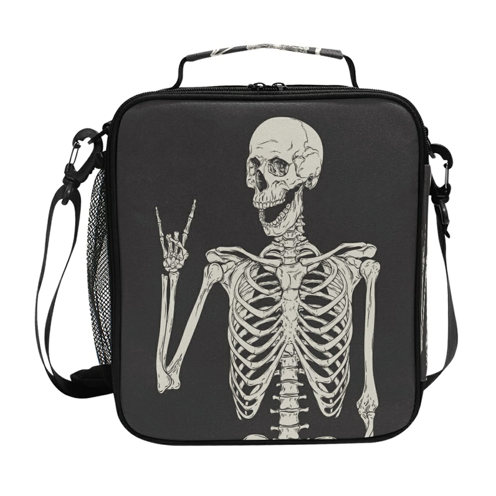 HMZXZ Funny Human Skull Black Lunch Bag Box for Women Teens Girls Cooler Insulated Lunch Bag Tote Freezable Shoulder Strap Waterproof Picnic Meal for School Office Work