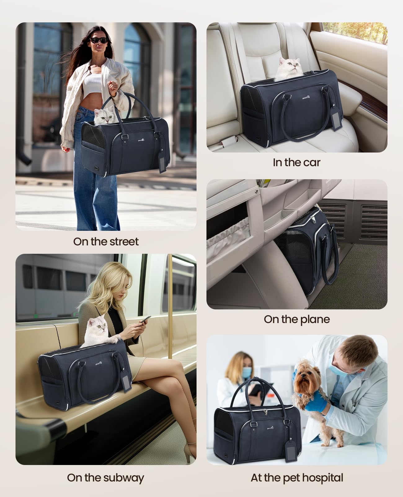 Pecute Transportin Gato de Moda, imitación de Cuero Artificial de Tela transportin Perro, Cremallera de Bloqueo, para Viajar, Utilizar el Transporte público o acudir a Citas médicas, Azul Marino