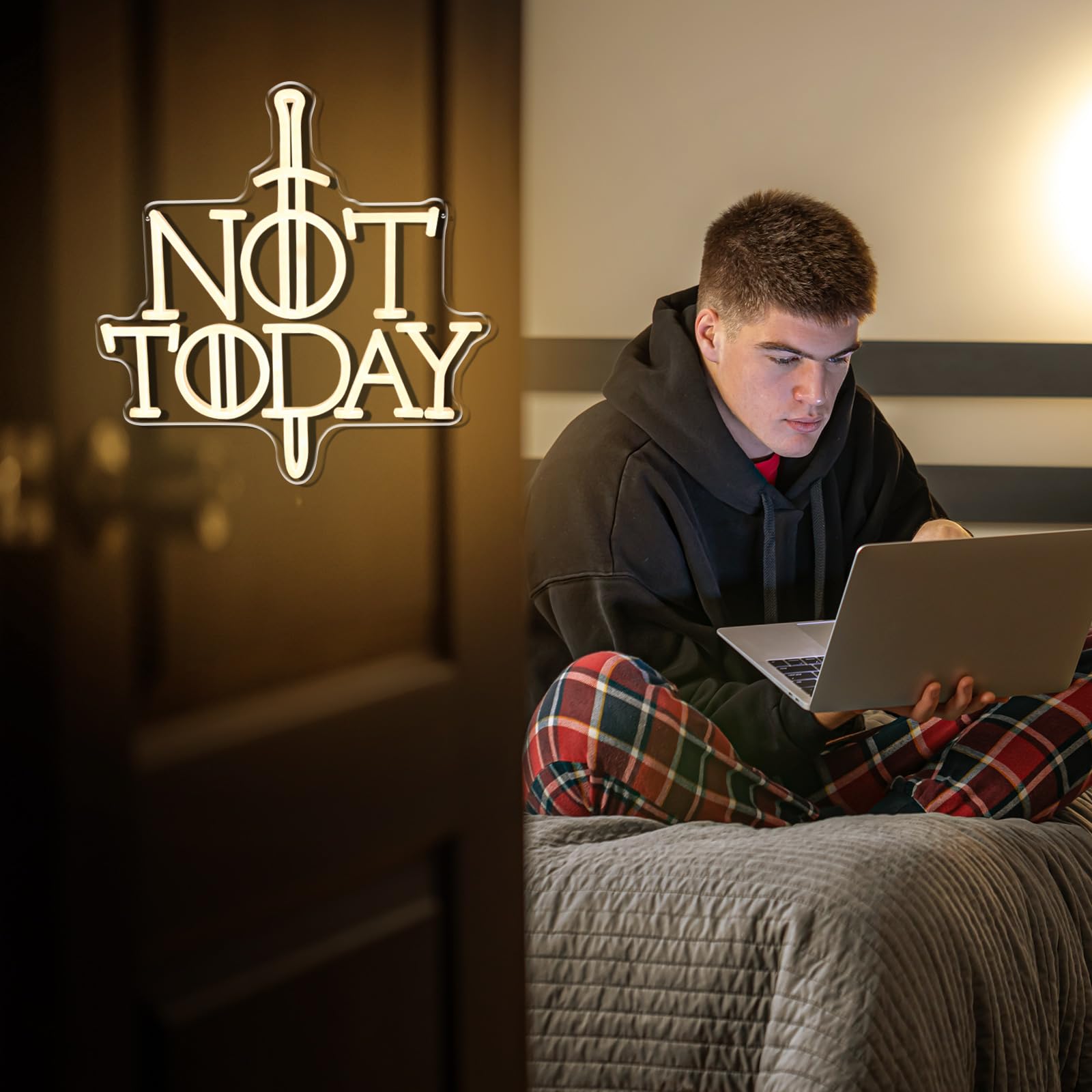 Gra z mieczem, neonowy znak "Not Today", neonowe światło do dekoracji ścian, biały znak LED, gracz, zabawny prezent do sypialni, na imprezę, do akademika, dla mężczyzny, jaskini, salonu, baru
