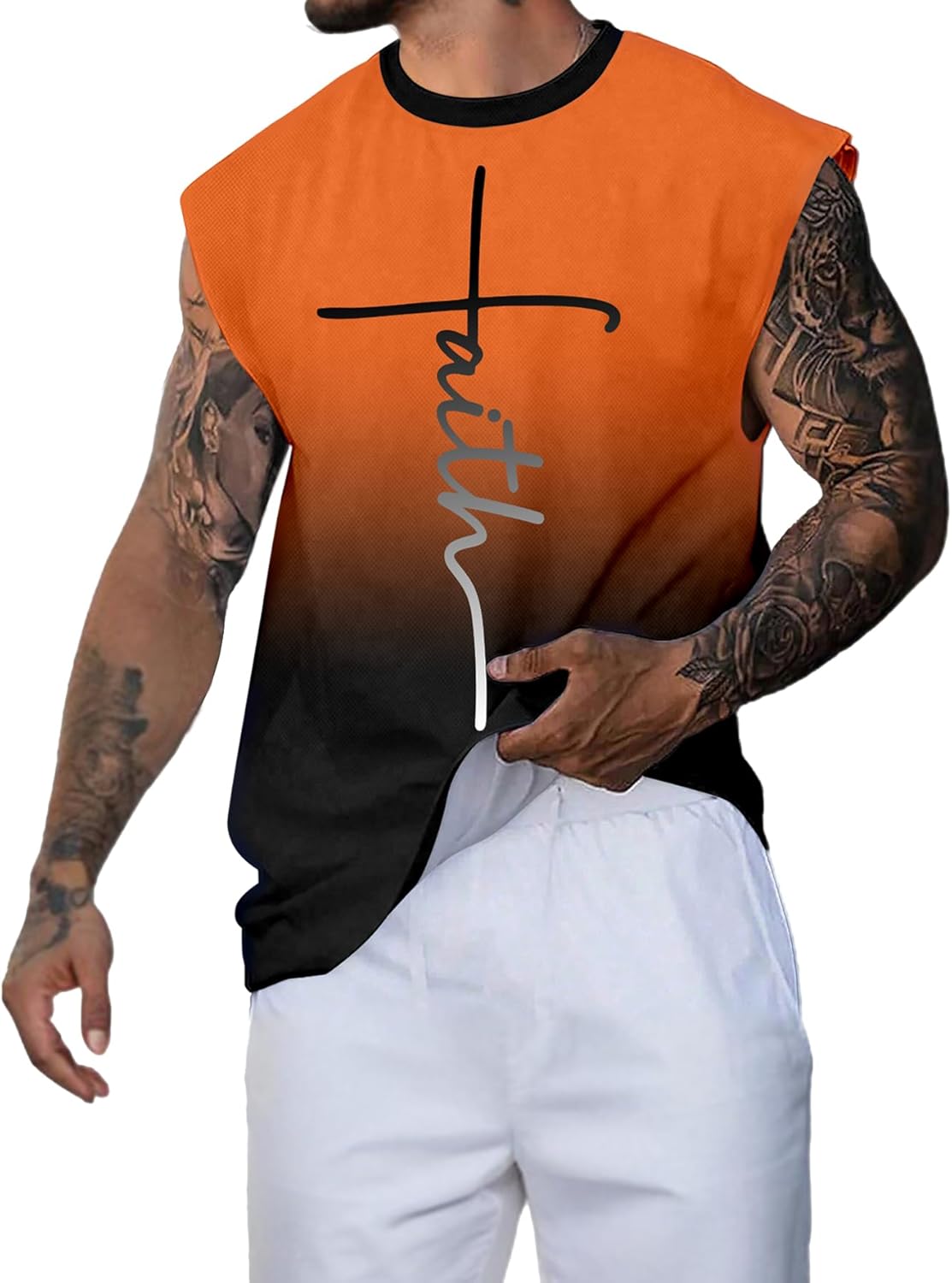 Men's Sleeveless Muscle Basic Tank Tops Fashion Letter Round Neck Vest XX-Large Orange Black